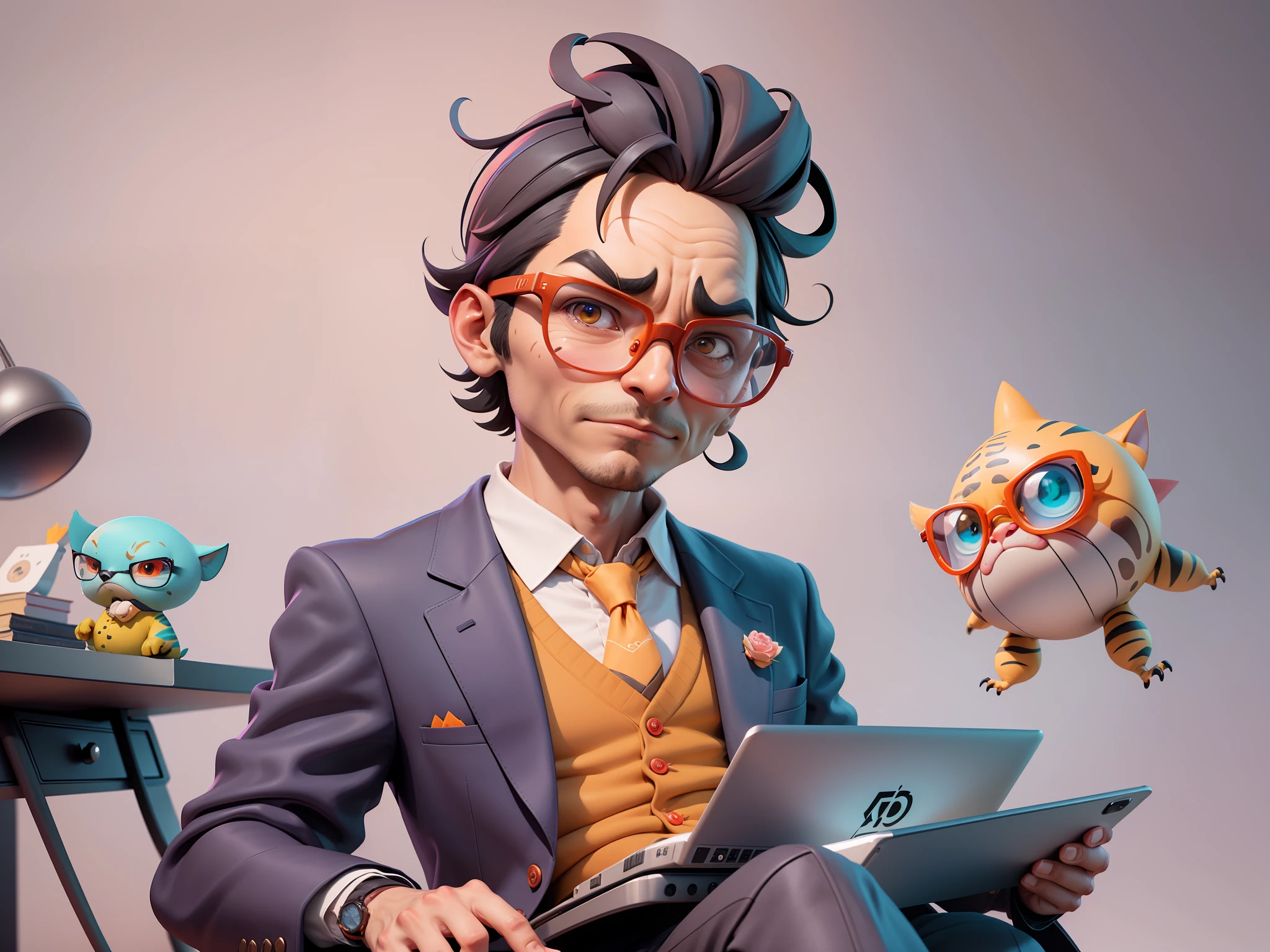 A young man in a suit, Short hair and glasses sat at his desk，holding laptop，digitial painting，tigre，3D character design by Mark Clairen and Pixar and Hayao Miyazaki and Akira Toriyama，4K HD illustration，Very detailed facial features and cartoon-style visuals。