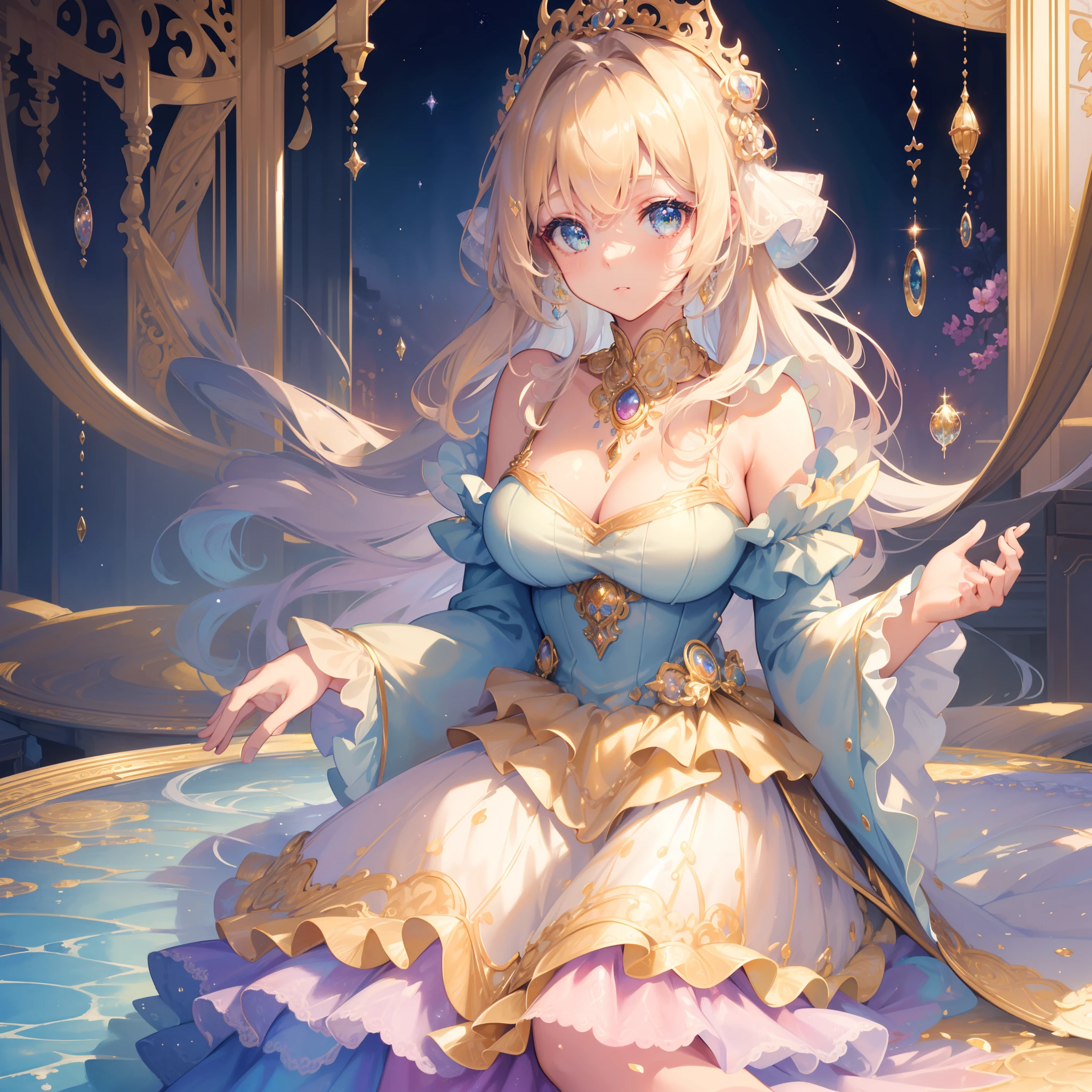 masterpiece, best quality, 8k resolution, sharp focus, intricate detail, beautiful 3girls, sparkling eyes, golden ratio face, otherworldly liquid, watercolor, pastel colors, bright colors, whimsical, colorful, sharp focus, high resolution, fine detail, ((layered tiered puffy long sleeves ballgown)), ((round eyes)), iridescent bubbles, fantasia background