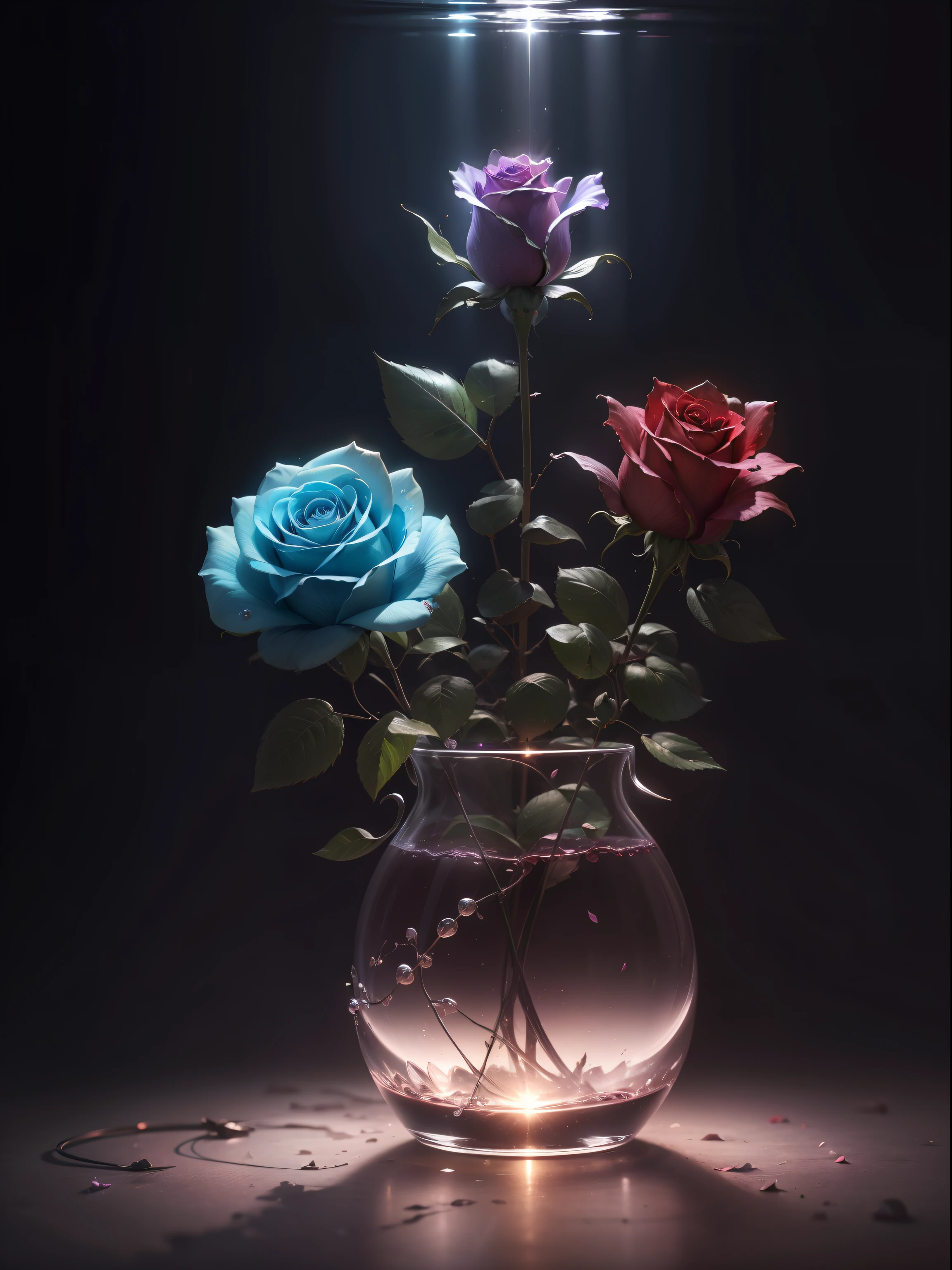 ((A rose flower)), ultraclear, Holy Light, Beautiful spectral rays, Glowing petals, The Flash, Dark background, Clear Light Drop, Reflected Light, Bright, Incident light, optics, Sharp Focus, Magical, with an intricate, hyper realisitic, amazing composition, light, Art Station Trend, pearls, Corrosive ambient ray family, 8K, U-Real AR23V4 Upright