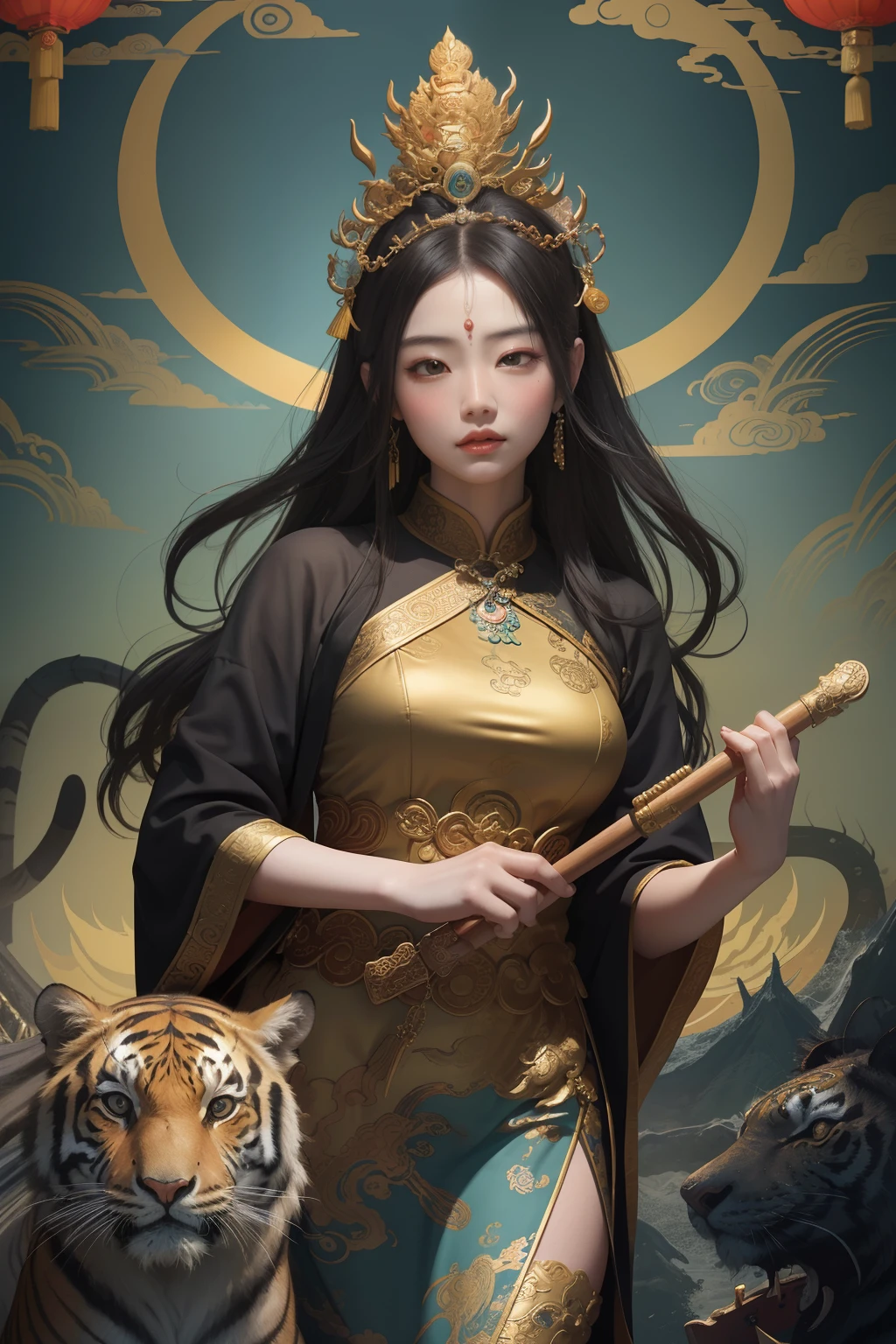 an ancient Chinese goddess, guanyin of the southern seas, Guanyin, Inspired by China, Avalokiteshvara rides a tiger,,Serene expression,shui mo hua,Buddha,Buddhist,Lotus,Chinese painting style,Thangka style