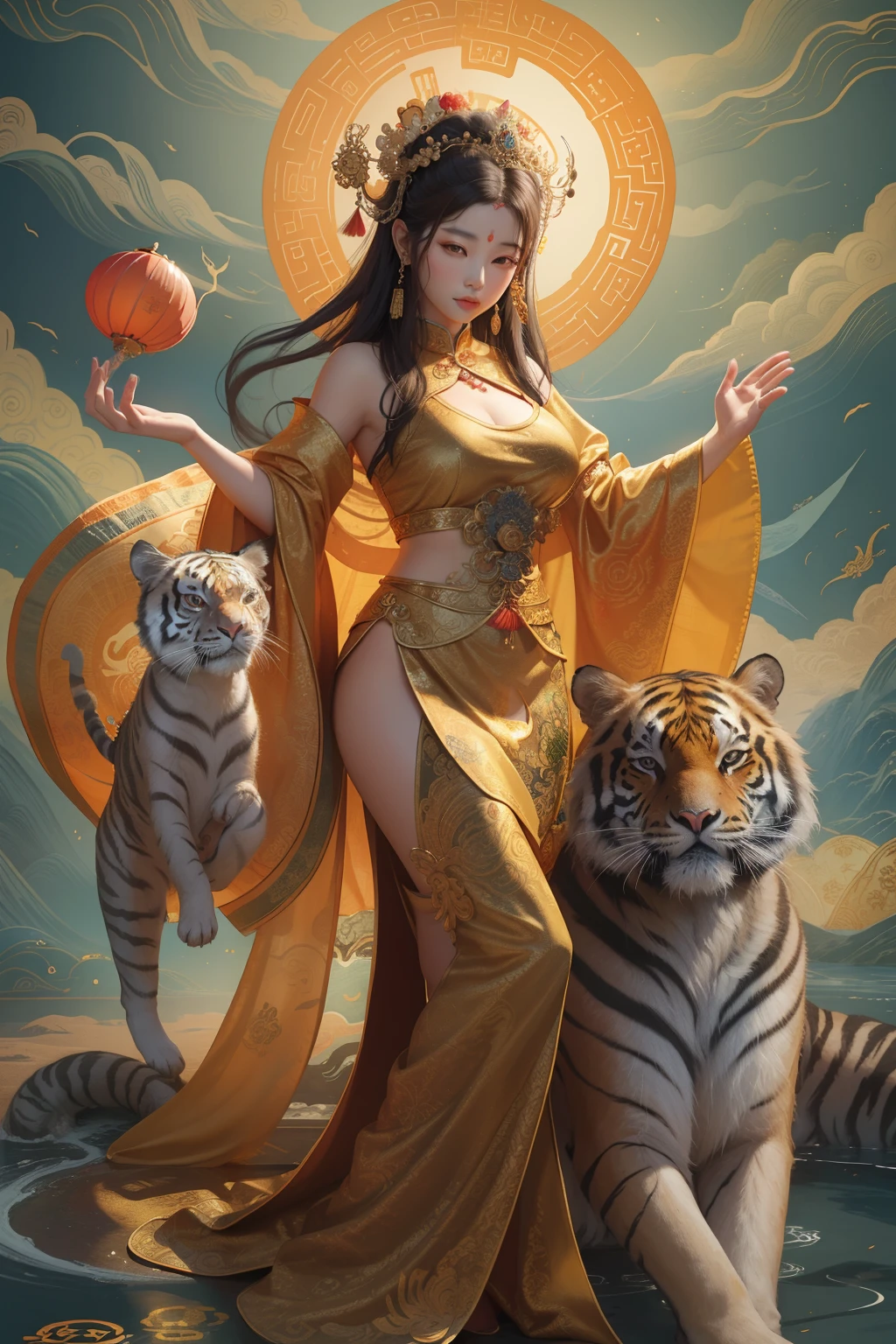 an ancient Chinese goddess, guanyin of the southern seas, Guanyin, Inspired by China, Avalokiteshvara rides a tiger,,Serene expression,shui mo hua,Buddha,Buddhist,Lotus,Chinese painting style,Thangka style