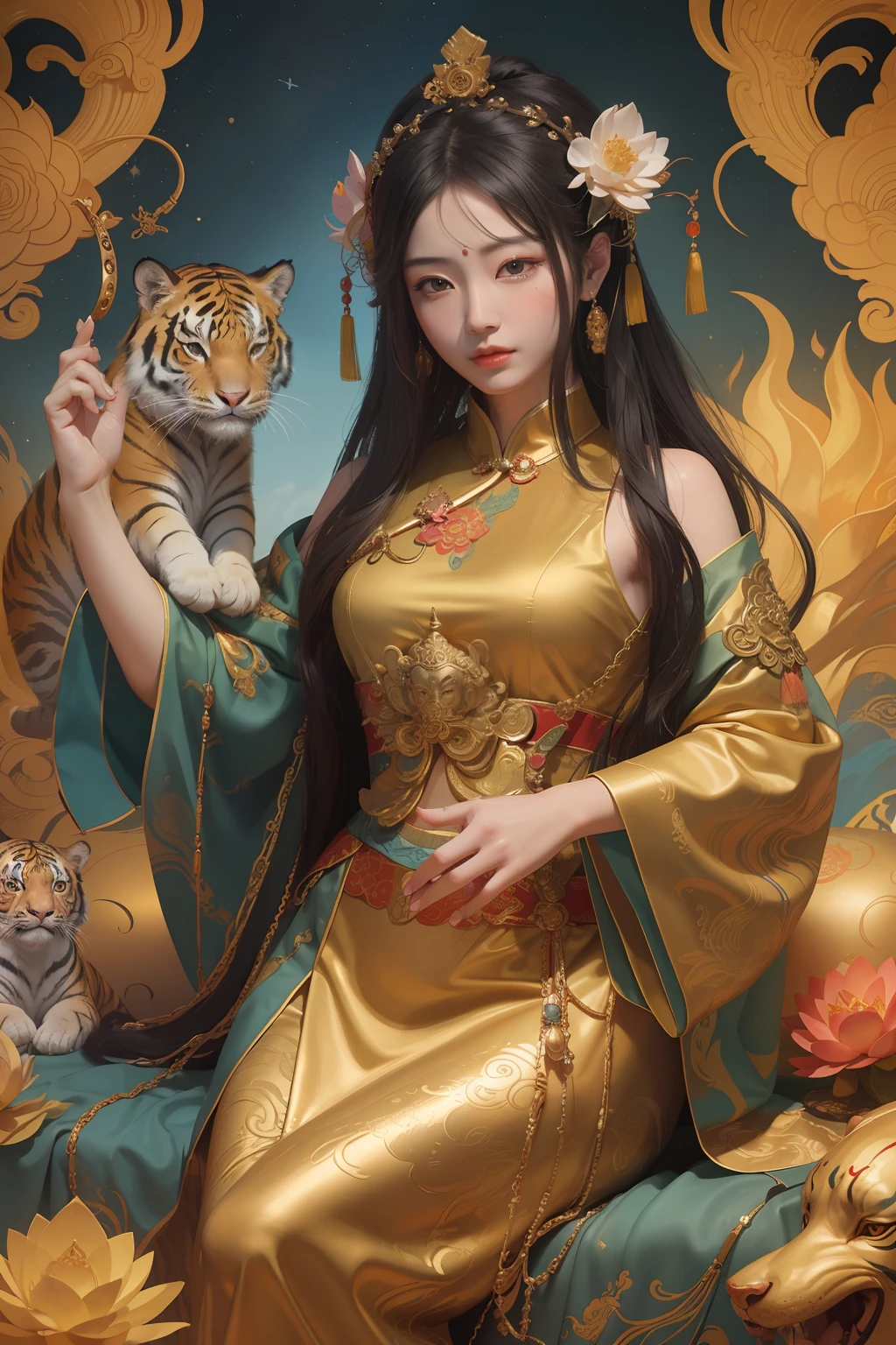 an ancient Chinese goddess, guanyin of the southern seas, Guanyin, Inspired by China, Avalokiteshvara rides a tiger，,Serene expression,shui mo hua,Buddha,Buddhist,Lotus,Chinese painting style,Thangka style