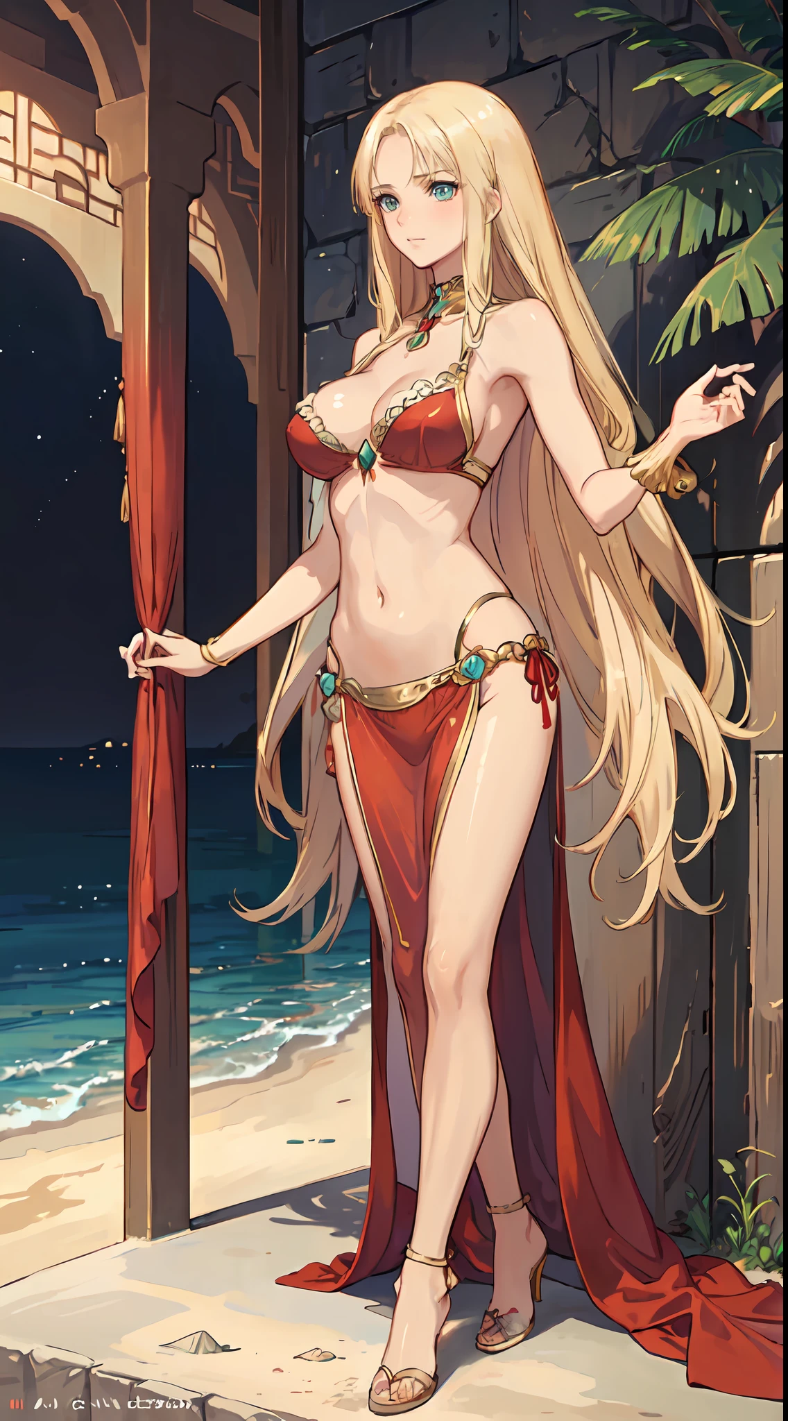 blonde hair, long hair, green eyes, with leg opened and an enticing beach pose, wearing a elegant red gown that shows off her navel, resembling an Arabian belly dancer. She has a short trimmed skirt and her flowing blonde hair is styled in a side ponytail. Her captivating blue eyes exude happiness, while her outfit highlights her alluring cleavage, happy