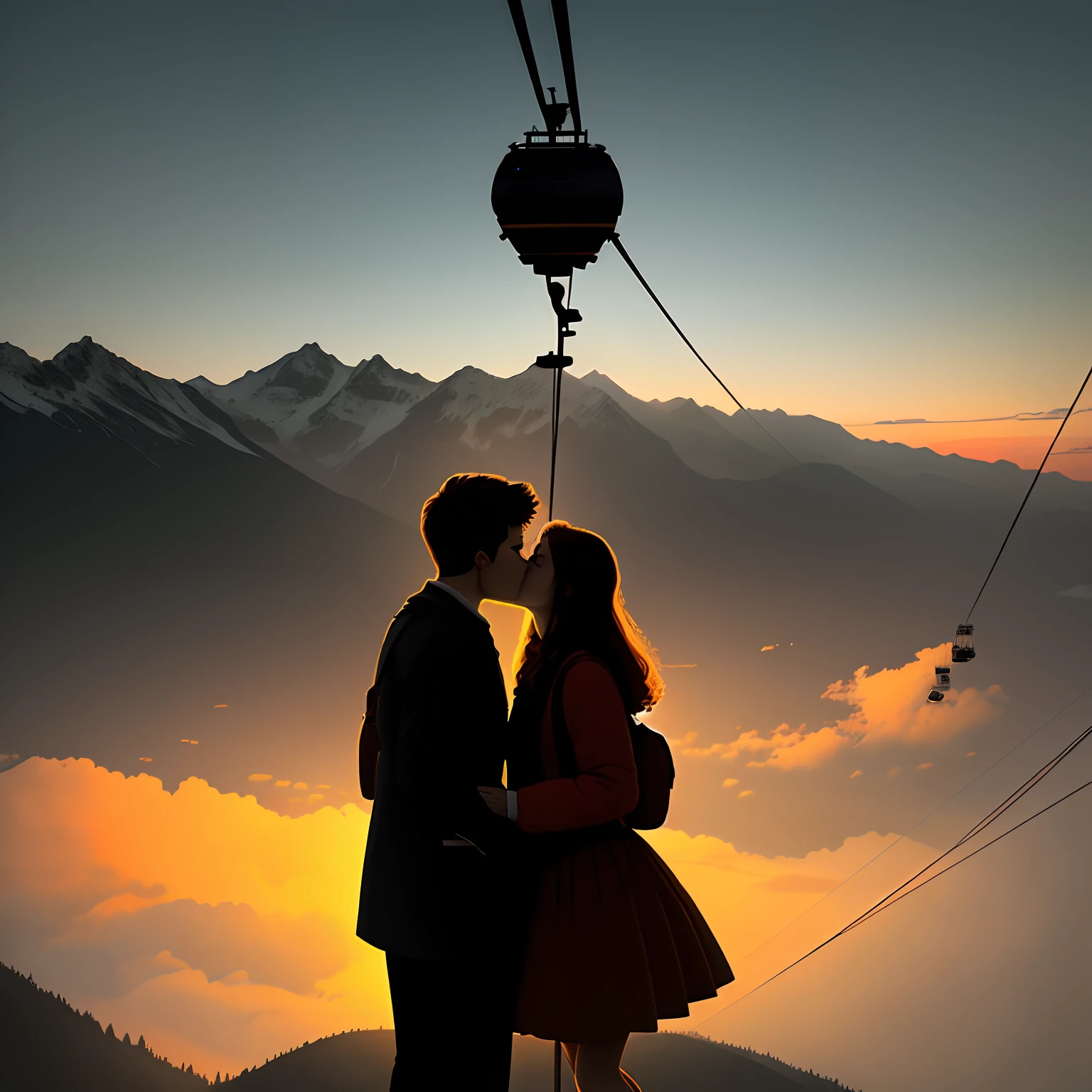 At dusk, A young couple kisses on a cable car down the mountain（siluette）masterpiece best quality