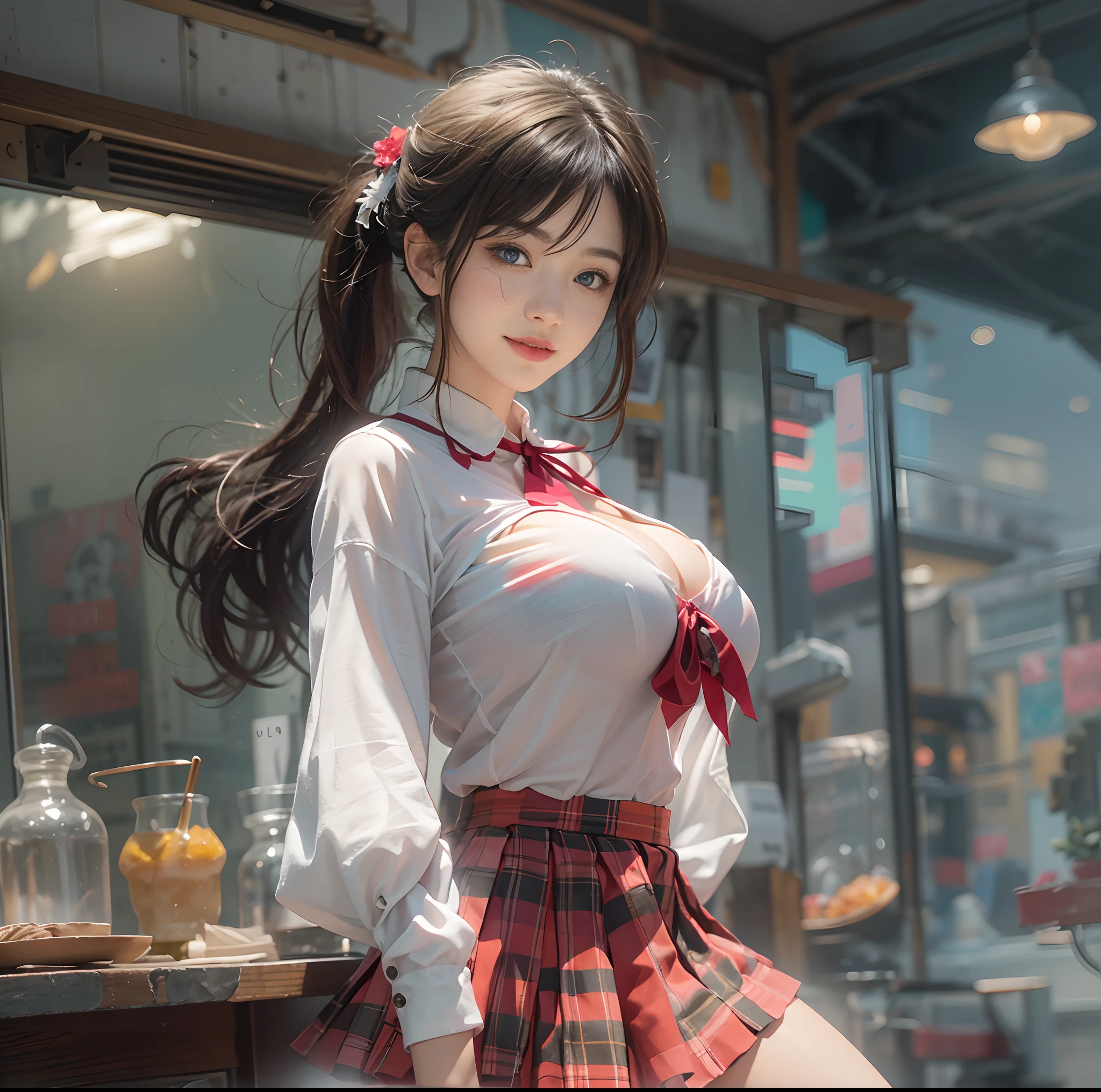 (top-quality、masterpiece)、(Realistic lighting with shadows)、elegent、(A hyper-realistic:1.5)、Stylish, canny, traditional, artistic, intricate detailes、(Perfect anatomical depiction of the human body)、1 girl in, ( Huge breasts :1.8), She is a girl、Beautiful bright blue eyes squinting dazzlingly、Small lips without lipstick、Brunette hair fluttering in the wind、She has half-up hair that shines in the backlight of the setting sun, Eta、She is a schoolgmmer outfit、 The skirt is mini pleated with tartan plaid、(Neat white blouse:1.5)、 (Crimson Ribbon Tie:1.2), (It is tightly closed from the neck to the skirt,、I can't see my skin:1.9), So the girl's breasts are not exposed at all.、Very large breasts are very cramped.、 The pose that emphasizes femininity is very beautiful、Looks like a school goddess、This photo was taken with a cute smile with narrowed eyes as if a wonderful flower was blooming in front of me..。, (Looks a little chubby), perfect anatomia, A detailed face, close up of face, irene1,