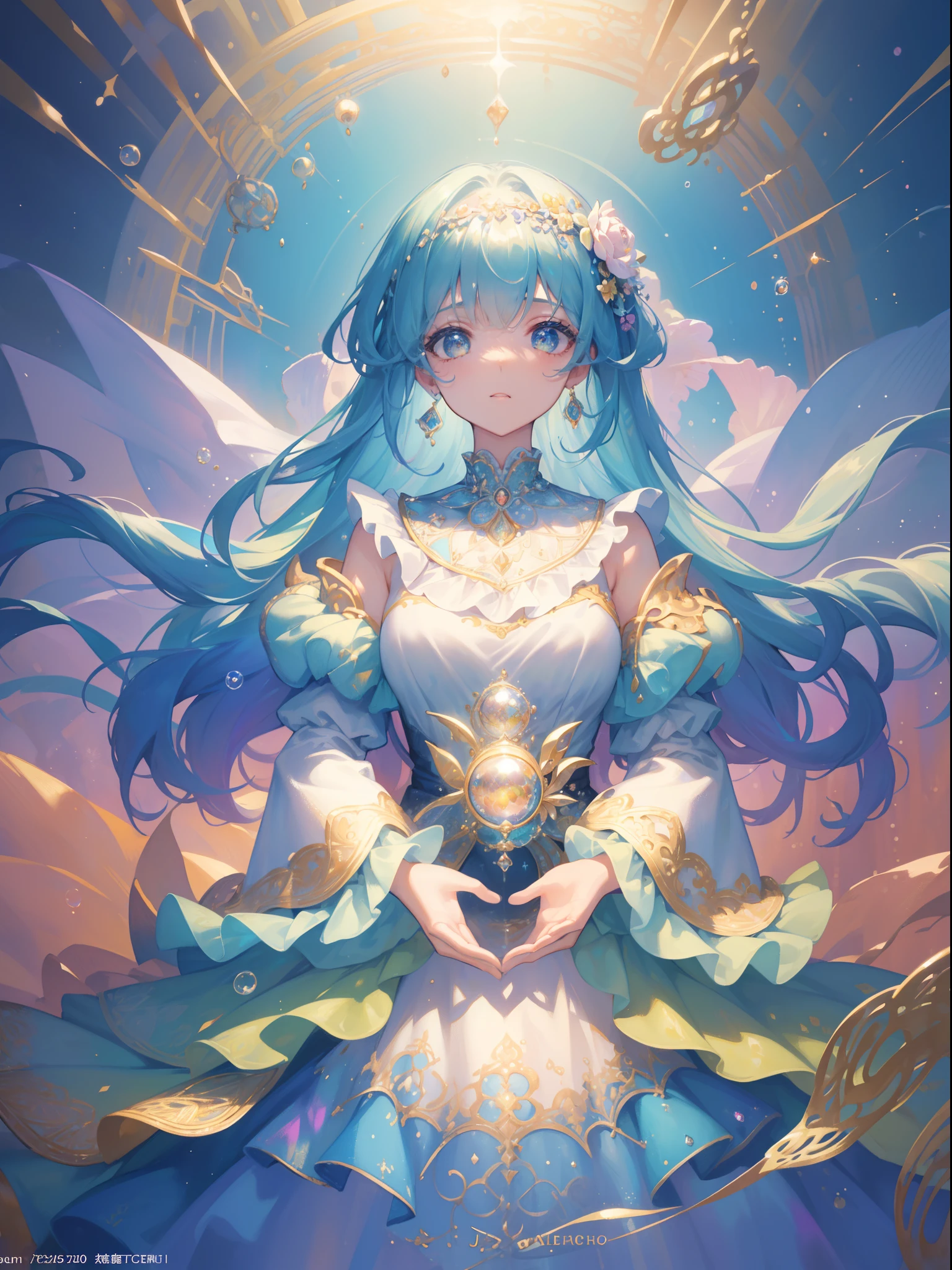 masterpiece, best quality, 8k resolution, sharp focus, intricate detail, beautiful 3girls, sparkling eyes, golden ratio face, otherworldly liquid, watercolor, pastel colors, bright colors, whimsical, colorful, sharp focus, high resolution, fine detail, ((layered tiered puffy long sleeves ballgown)), ((round eyes)), iridescent bubbles, fantasia background