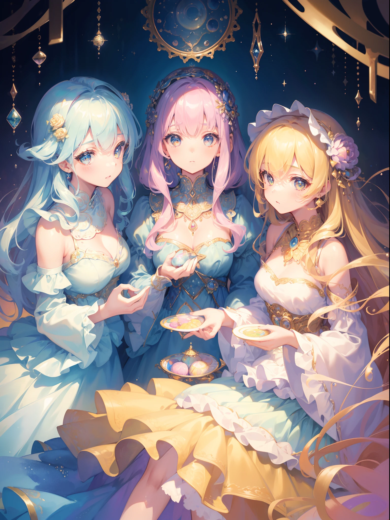 masterpiece, best quality, 8k resolution, sharp focus, intricate detail, beautiful 3girls, sparkling eyes, golden ratio face, otherworldly liquid, watercolor, pastel colors, bright colors, whimsical, colorful, sharp focus, high resolution, fine detail, ((layered tiered puffy long sleeves ballgown)), ((round eyes)), iridescent bubbles, fantasia background
