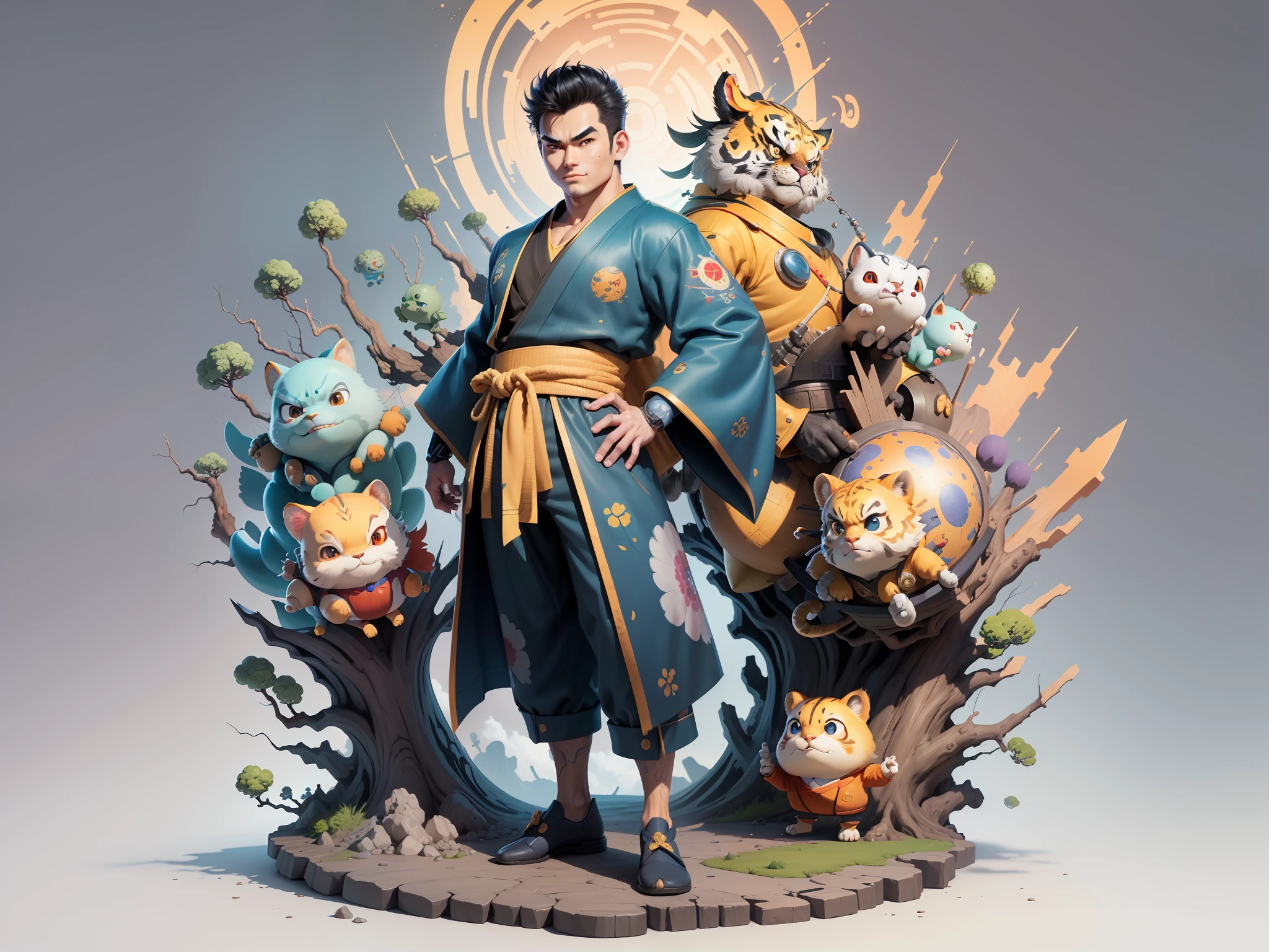 (Masterpiece), (Excellent), (Super Meticulous), (Full Body: 1.2), Super Young Man, Oriental Face, Japanese Kimono, Japanese Wind Thunder God, Dragon, Tiger, TV Anchor, Bust Portrait Illustration, Alone, Black Suit, Blue Tie, Slightly Chubby Face, Very Clean Face, No Beard, Black Super Short Hair, Black Eyes, Confident Smile, 3c Computer Sub-Products, iPad, iPhone, Digital Painting, 3D Character Design by Akira Toriyama and Mark Claireden and Pixar and Hayao Miyazaki, The illustration is a high-definition illustration in 4K resolution with very detailed facial features and cartoon-style visuals.