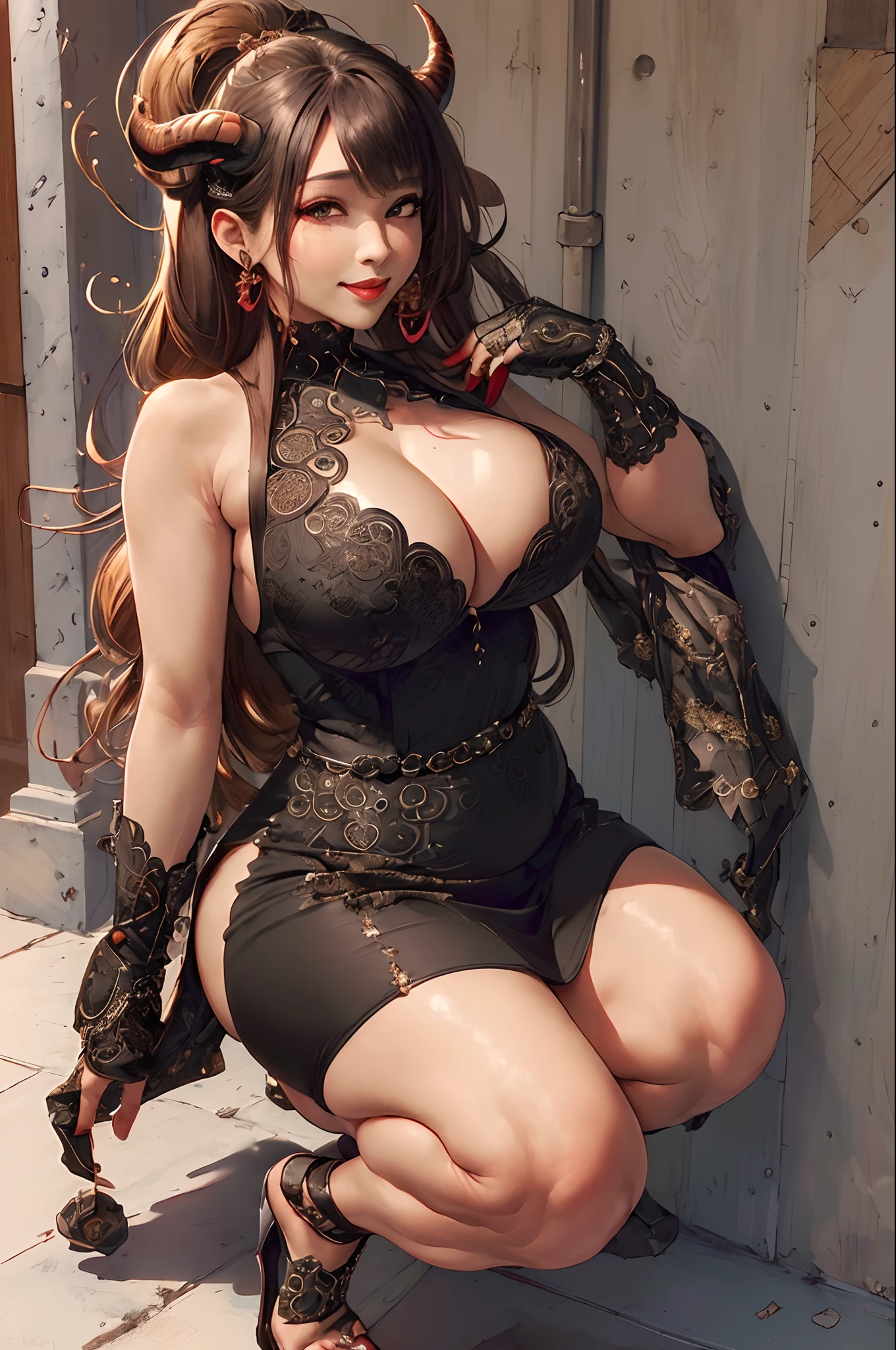 ((Intricate details)), (Masterpiece 1.3), (best quality 1:3) cinematic shot, HDR, ((Intricate details, hyper-detailed)), (masterpiece:1.3, high resolution) a black busty girl, curvy, body frame and weight, voluptuous body build, wide hips, thick hips, thicc, brown eyes, blonde hair (waist-length, curled), tight dress, gold dress, high heels (black), 2 black and red oni horns, facial features (round face, warm smile, full lips, plump lips)