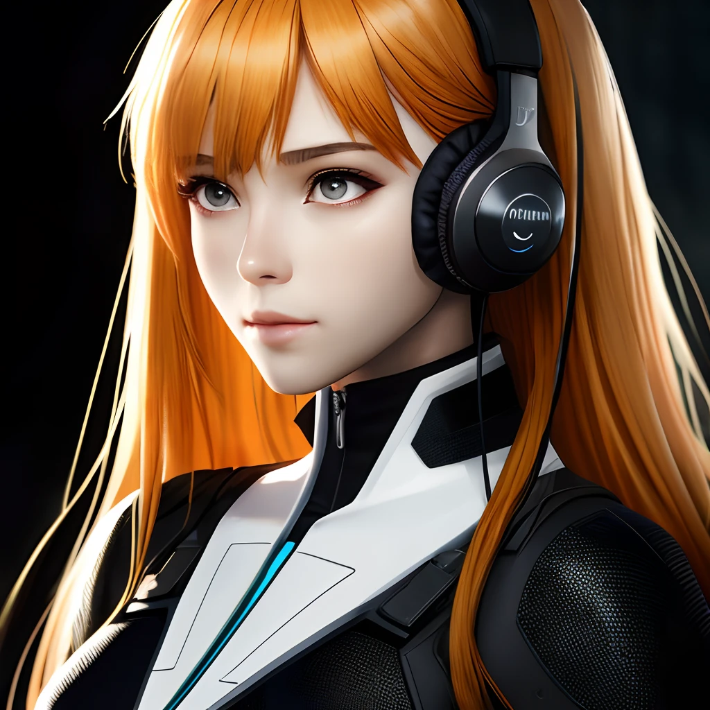 official art, unity 8k wallpaper, ultra detailed, beautiful and aesthetic, masterpiece, best quality, realistic, close-up, skindentation, souryuu asuka langley, interface headset, bodysuit under clothes, detailed eyes, detailed face, detailed hair, black background, straight-on, looking at viewer, glossy,