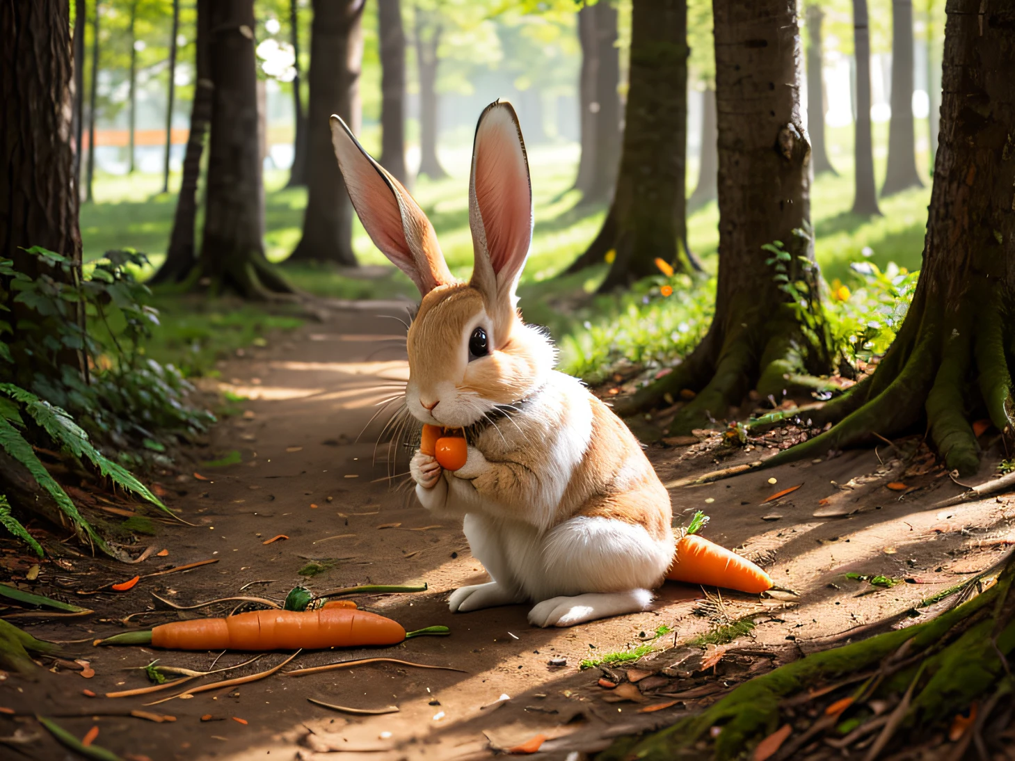 Rabbit sitting eating carrots，ln the forest