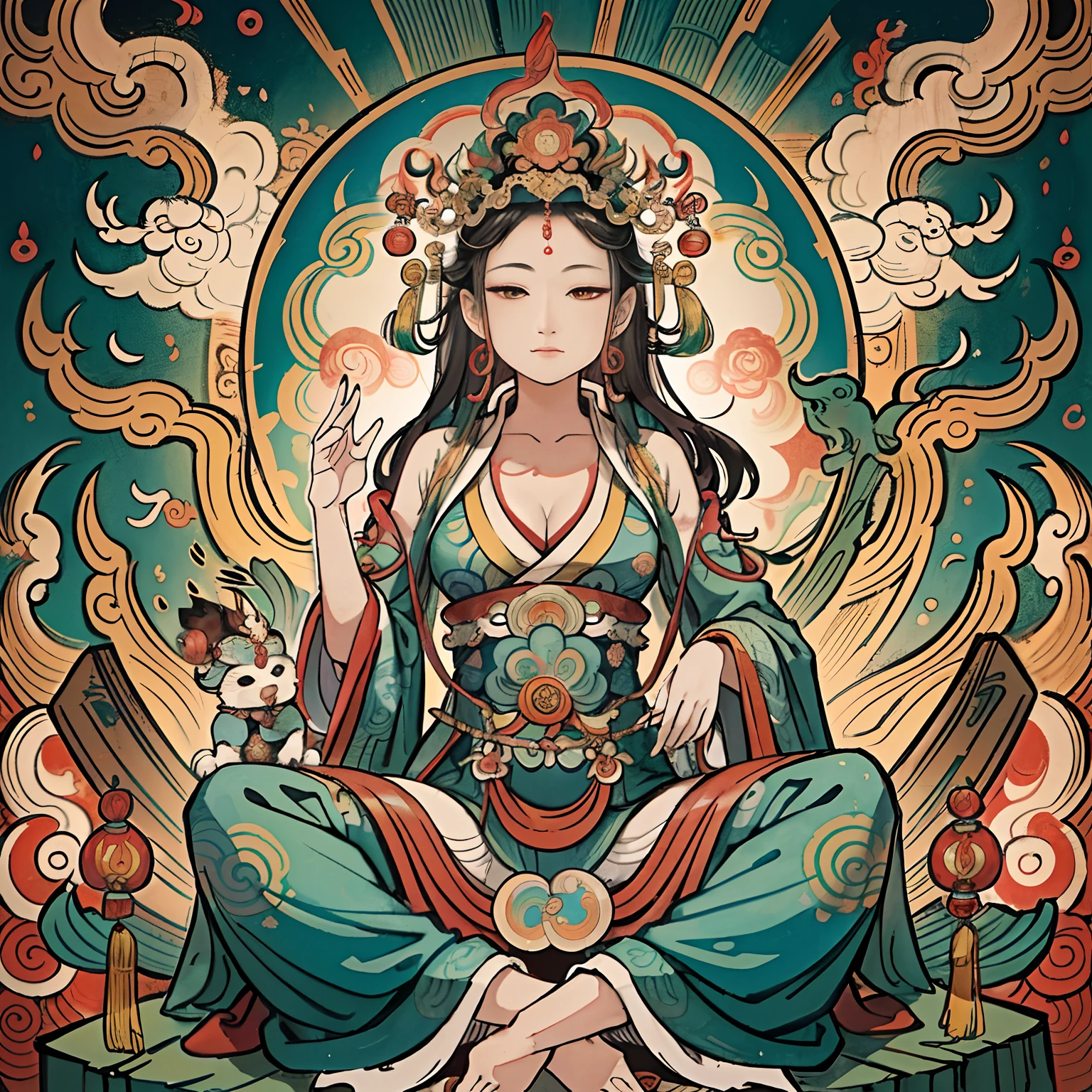 an ancient Chinese goddess, guanyin of the southern seas, Guanyin, Inspired by India, Avalokiteshvara rides a phoenix,,Serene expression,shui mo hua,Buddha,Buddhist,Lotus,Chinese painting style,Thangka style