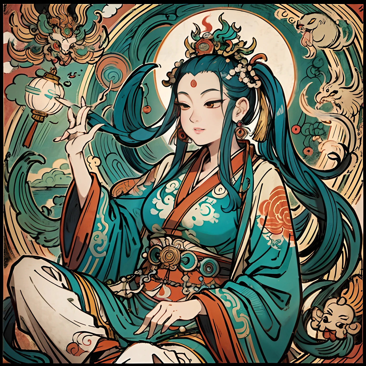 an ancient Chinese goddess, guanyin of the southern seas, Guanyin, Inspired by India, Avalokiteshvara rides a phoenix，,Serene expression,shui mo hua,Buddha,Buddhist,Lotus,Chinese painting style,Thangka style