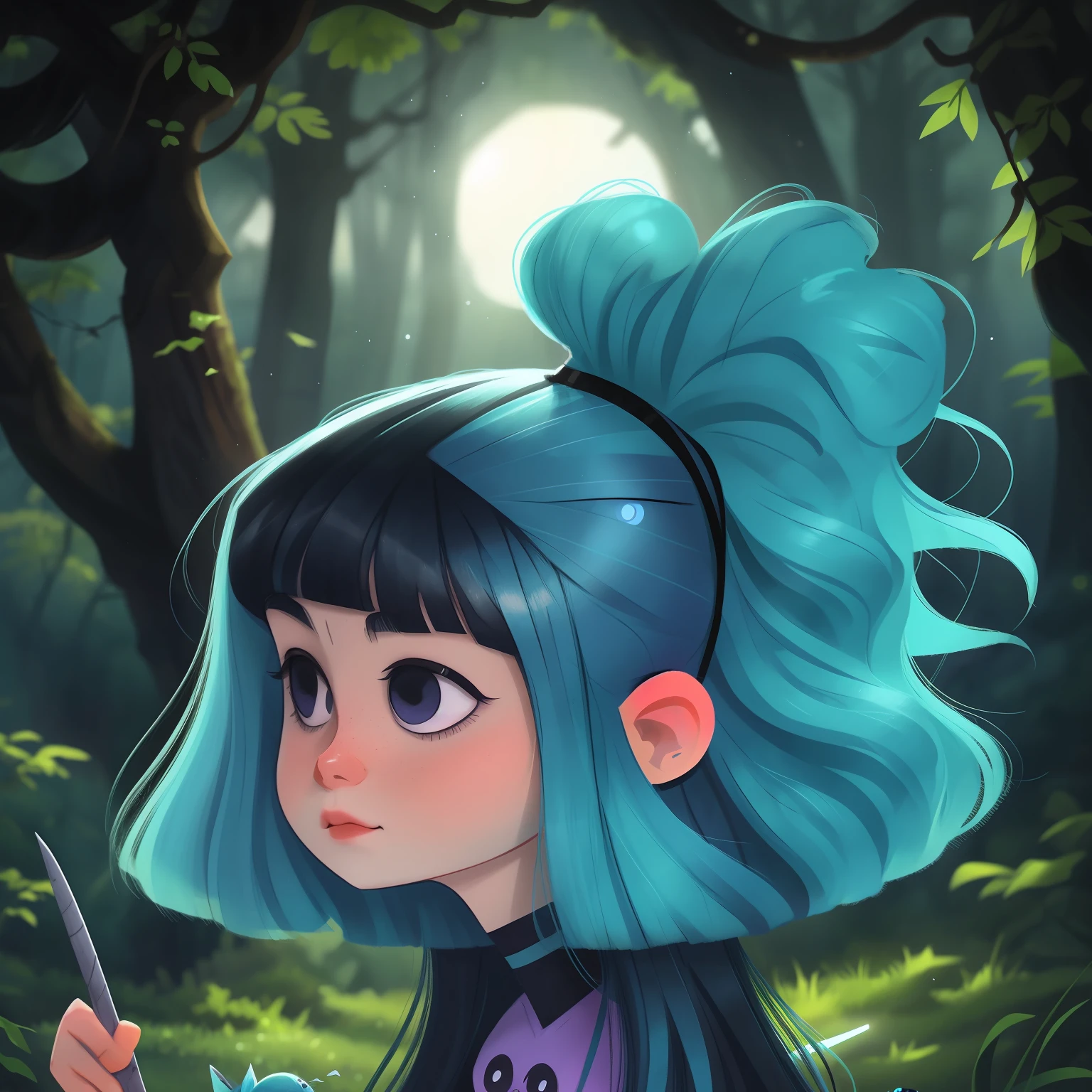 A beautiful 16-year-old girl who is the guardian gir long blue hair, adorable witch face painting, estilo dos desenhos animados, estilo disney, 2D, arte digital