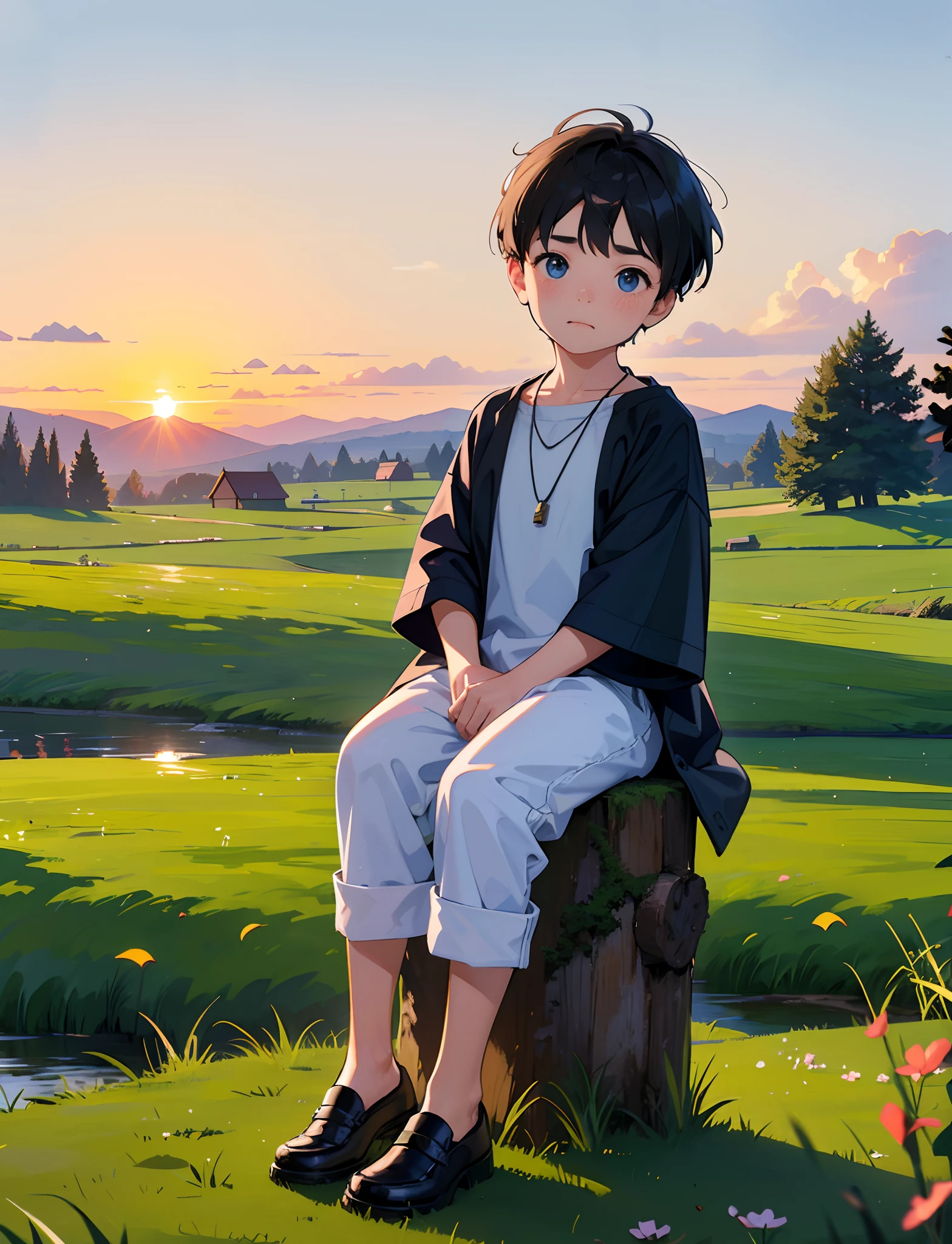 A sad little boy，dressed in casual attire，Sit on the rocks of the meadow，Looking at the sky，The background is the village，With a necklace，Sunset and sunset，Full body photo，Ultra-high definition