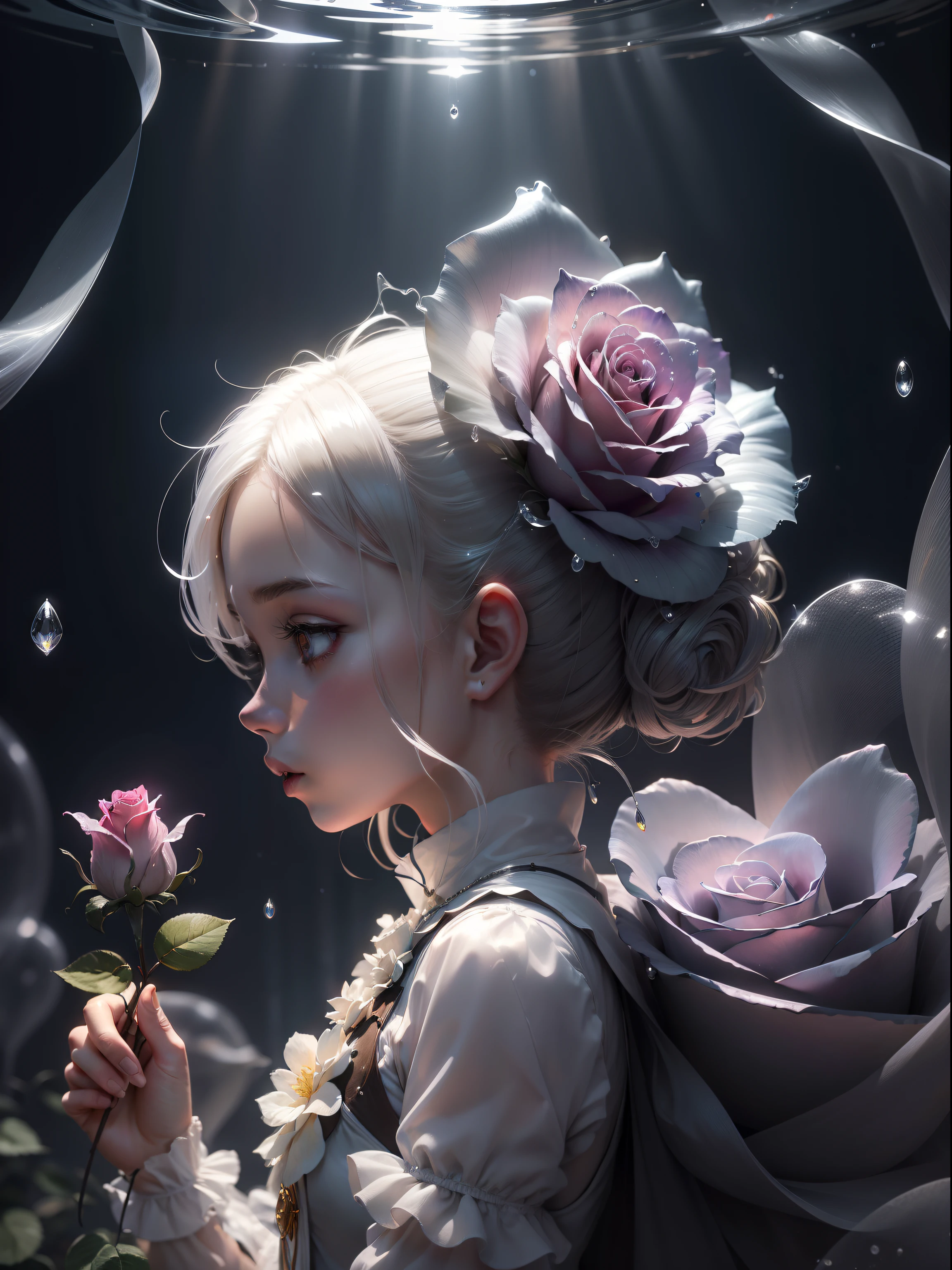 ((A rose flower)), super transparent, Holy Light, beautiful spectral light, petals glow, flashes, Dark background, drops of transparent light, reflective light, Bright, light streaming in, optics, portrait profile, Sharp Focus, Magical, Convoluted, A hyper-realistic, Fantasy composition, light, Trending in art stations, pearls, patronus cloud of silvery vapor, corrosive enveloping ray family, 8K, ureal ar 23v4 uplight