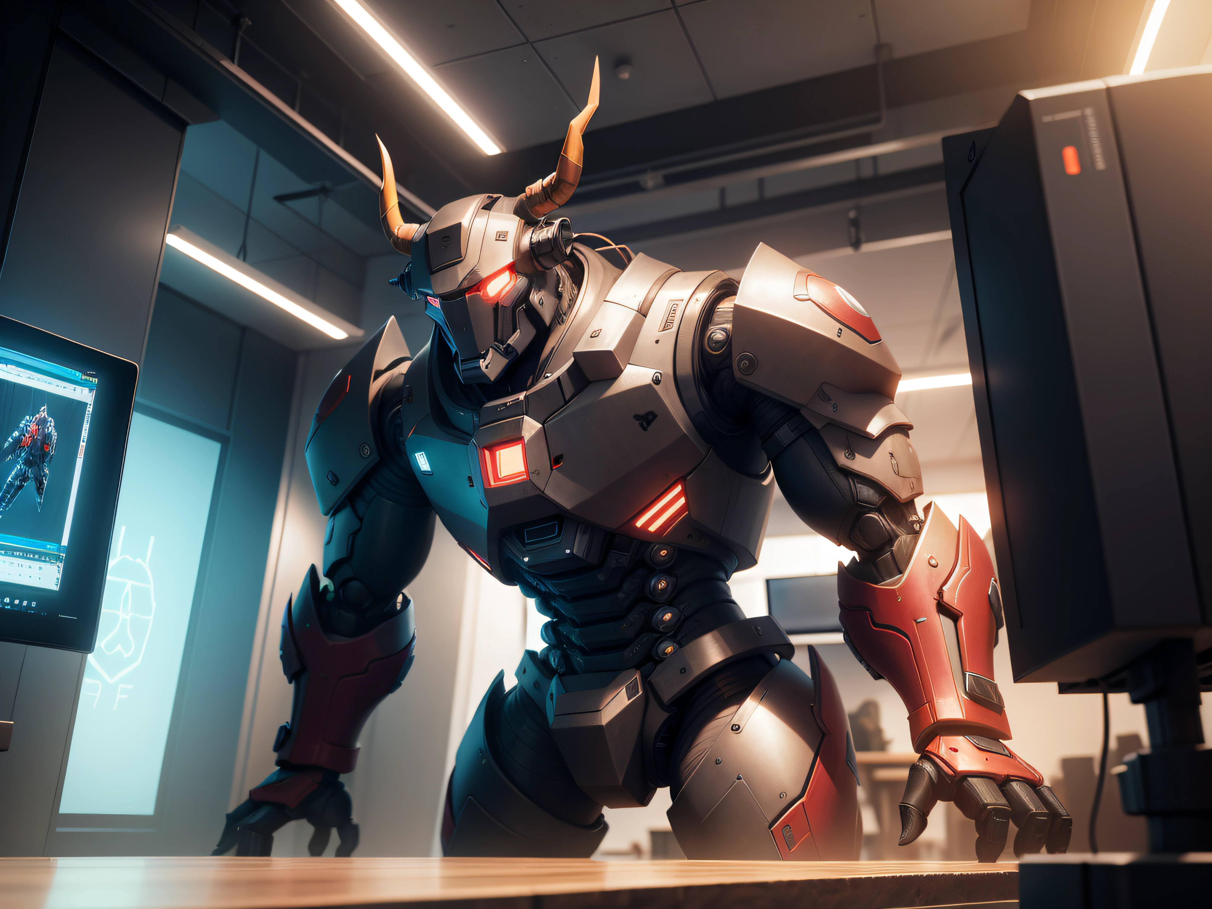High-tech office environment, At the table sat a minotaur robot, The computer is being operated, Cartoon or anime style, 3 d render official art, Bright environment, plethora of colors, chiaroscuro, reflection light, stereogram, UHD, best quality, 16k