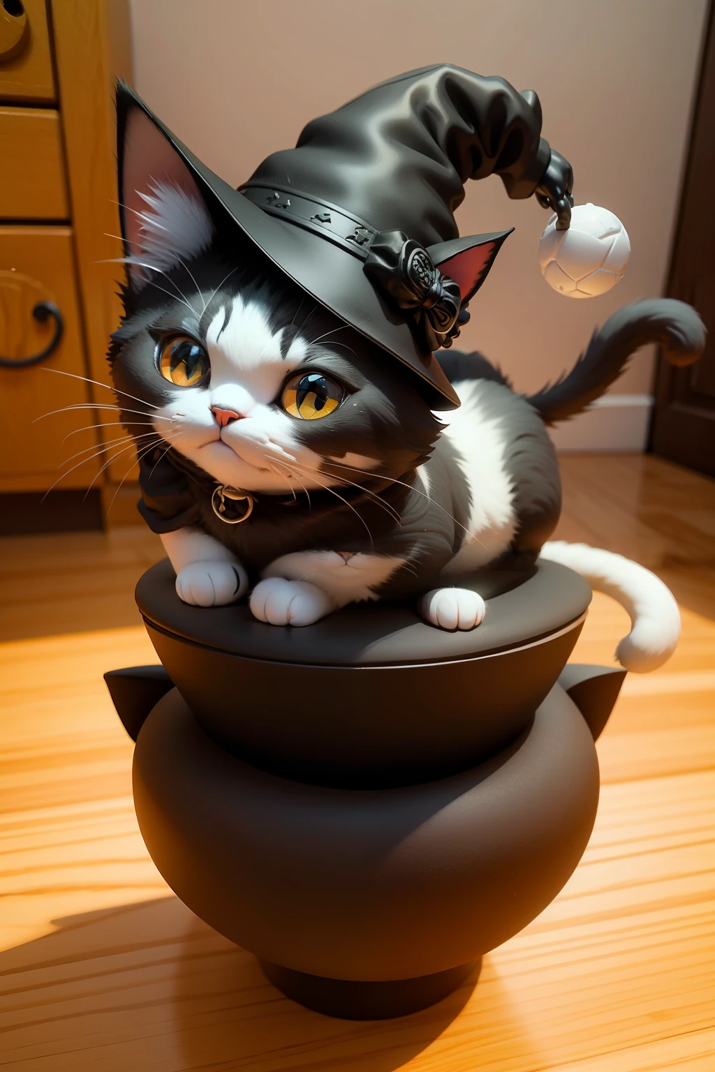 Blind box style,adolable,(Body ratio 1:2),Cat in witch hat,The cat is playing with the ball,Ultra high quality,Ultimate detail,Clay,3D rendering style,shaggy,American Shorthair