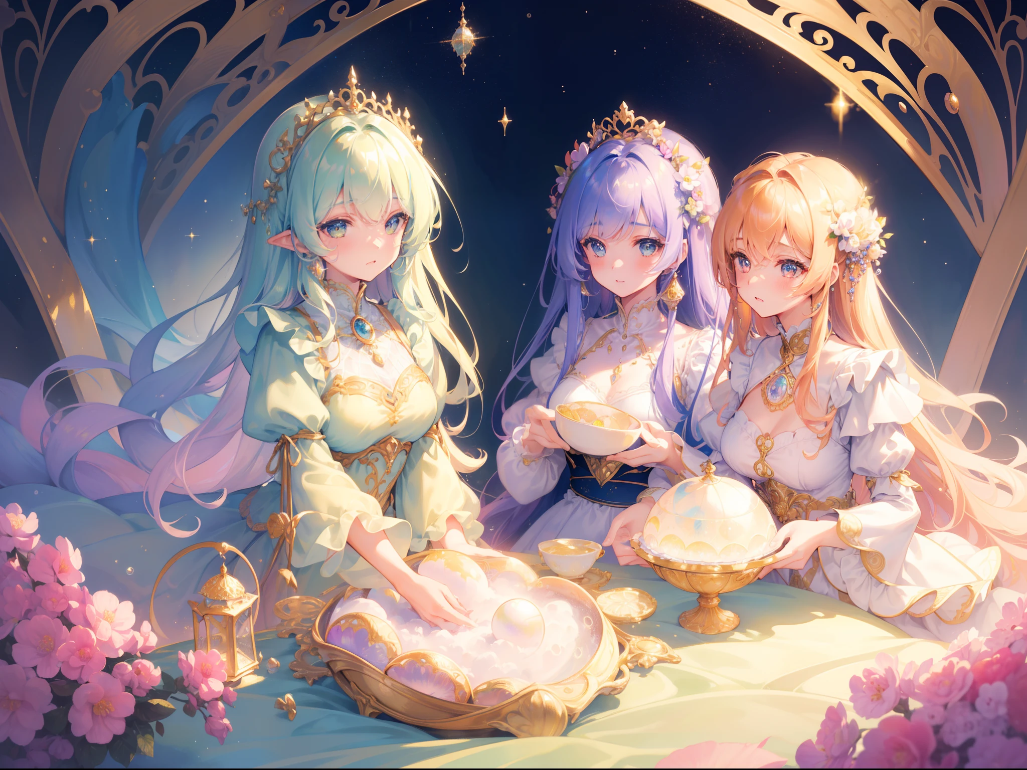 masterpiece, best quality, 8k resolution, sharp focus, intricate detail, beautiful 3girls, sparkling eyes, golden ratio face, otherworldly liquid, watercolor, pastel colors, bright colors, whimsical, colorful, sharp focus, high resolution, fine detail, ((layered tiered puffy long sleeves ballgown)), ((round eyes)), iridescent bubbles, fantasia background