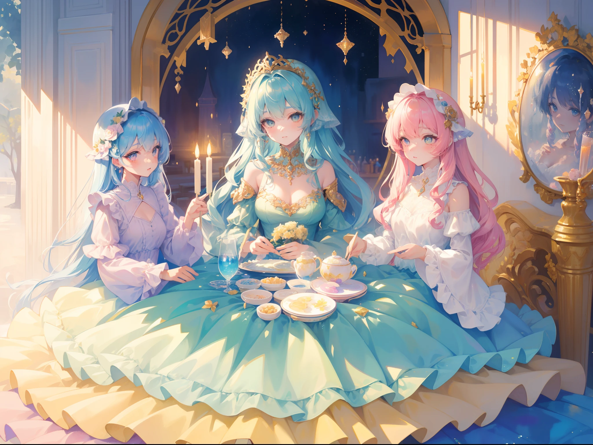 masterpiece, best quality, 8k resolution, sharp focus, intricate detail, beautiful 3girls, sparkling eyes, golden ratio face, otherworldly liquid, watercolor, pastel colors, bright colors, whimsical, colorful, sharp focus, high resolution, fine detail, ((layered tiered puffy long sleeves ballgown)), ((round eyes)), iridescent bubbles, fantasia background
