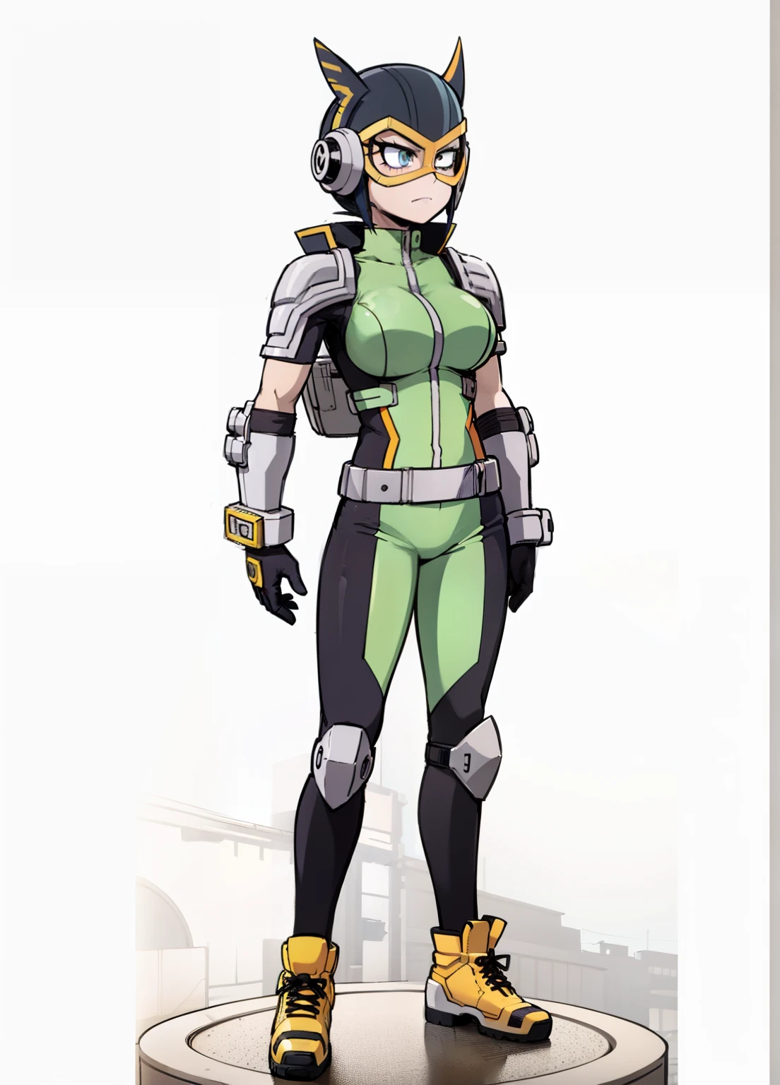 My Hero Academia Style, Anime Girl, Female, Trending on ArtStation Pixiv, (Full Body Shot:0.5), wide hips, Large breast, wide thighs, Perfect Anatomy, Super Detailed, Hero Costume, Full Body Suit, Head Covering, Helmet, Face Covering, Mask,