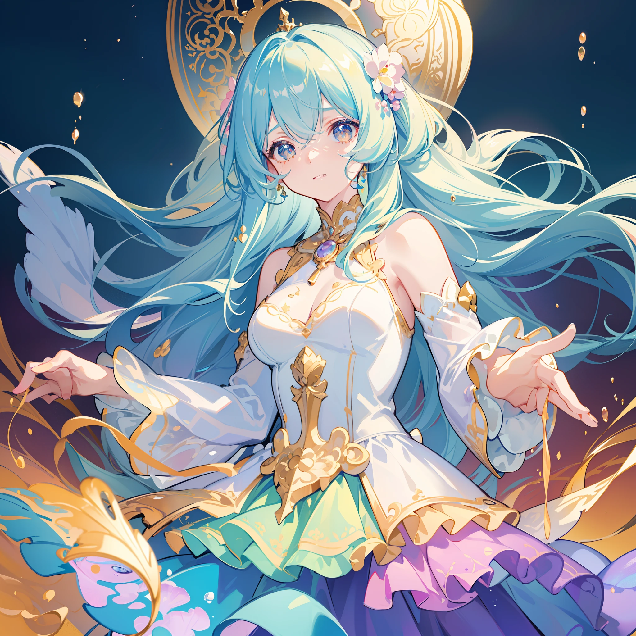 masterpiece, best quality, 8k resolution, sharp focus, intricate detail, beautiful 3girls, sparkling eyes, golden ratio face, otherworldly liquid, watercolor, pastel colors, bright colors, whimsical, colorful, sharp focus, high resolution, fine detail, ((layered tiered puffy long sleeves ballgown)), ((round eyes)), iridescent bubbles, fantasia background