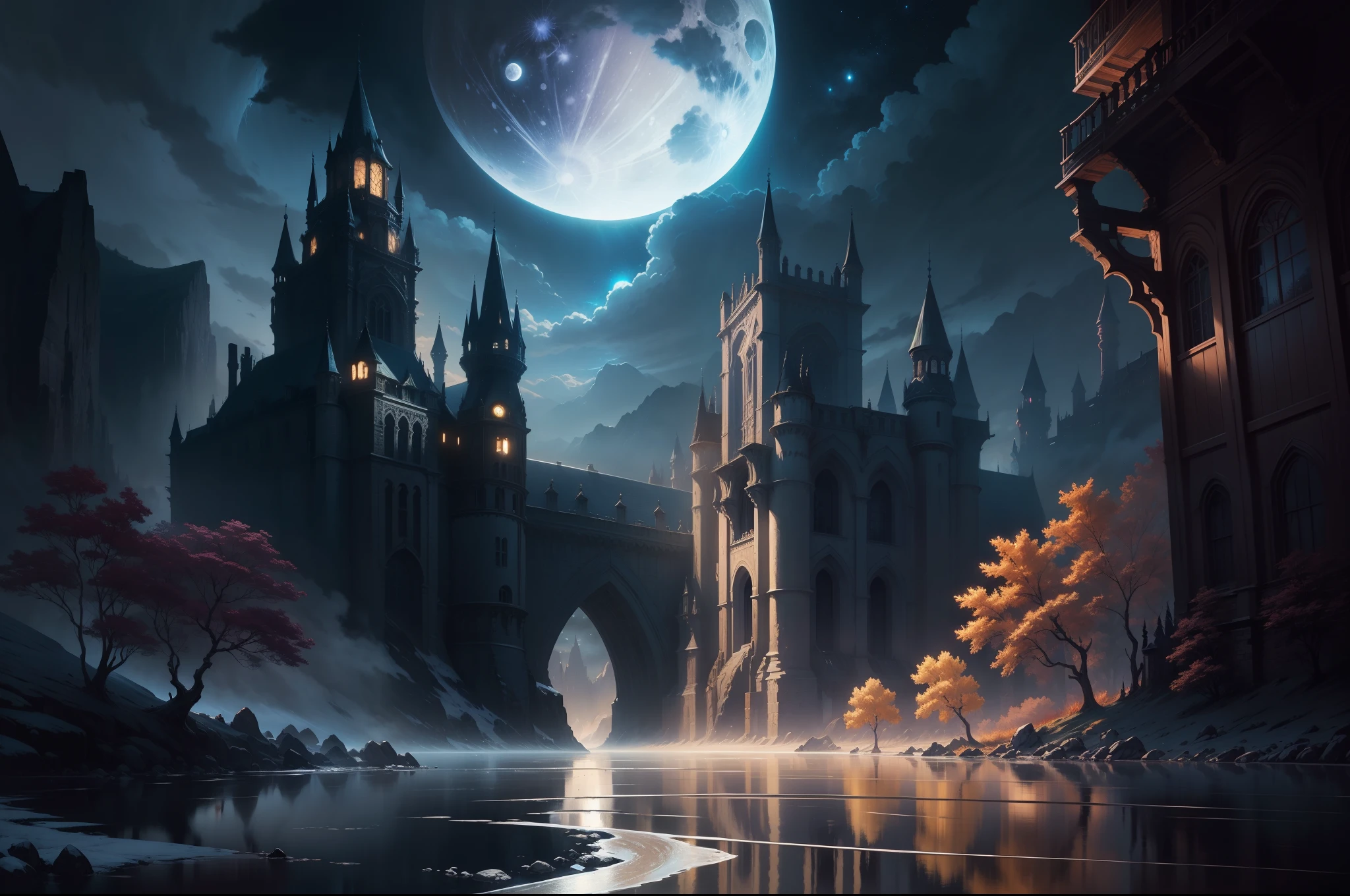 a painting of a river with a full moon in the background, digital art inspired by Andreas Rocha, pixiv contest winner, fantasy art, magical landscape, magical environment, beautiful anime scenery, detailed dreamscape, beautiful anime scene, night scenery, magical dream-like atmosphere, moonlit starry sky environment, anime landscape wallpaper, anime background art, painting of a dreamscape, Surrealism, high detail, from below, from below, Hyperrealism, Impressionism, anime, UHD, award winning, 4K, anatomically correct, super detail, best quality, highres, high quality, masterpiece