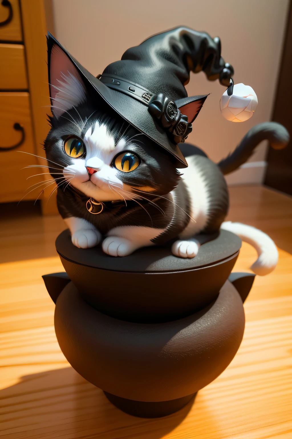 Blind box style,adolable,(Body ratio 1:2),Cat in witch hat,The cat is playing with the ball,Ultra high quality,Ultimate detail,Clay,3D rendering style,shaggy,American Shorthair
