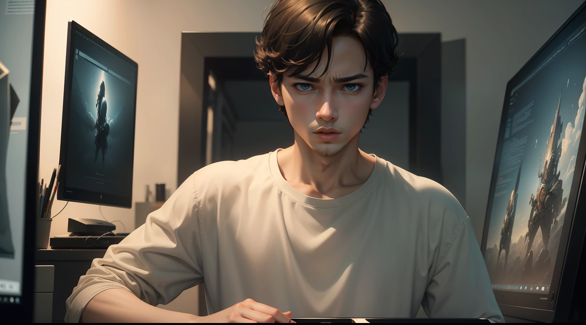 (Masterpiece), (Best Illustration),25_year_Boy scared to watch video in computer screen(Best Quality),(Masterpiece),