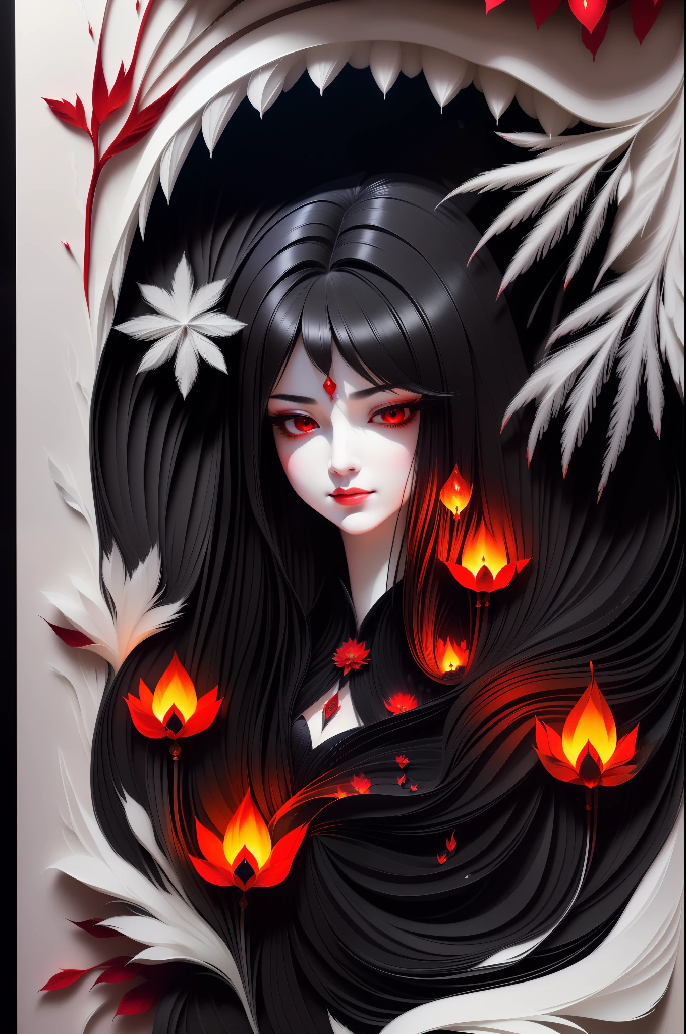 (The quality of the masterpiece, high-resolution details, Bust pose of red-eyed magical girl in a dark cave，Dark background:1.4，Solo，akemi homura，Black hair like a waterfall，ribbon-trimmed skirt，Lower eyelashes，shairband，Mysterious light,ln the forest)