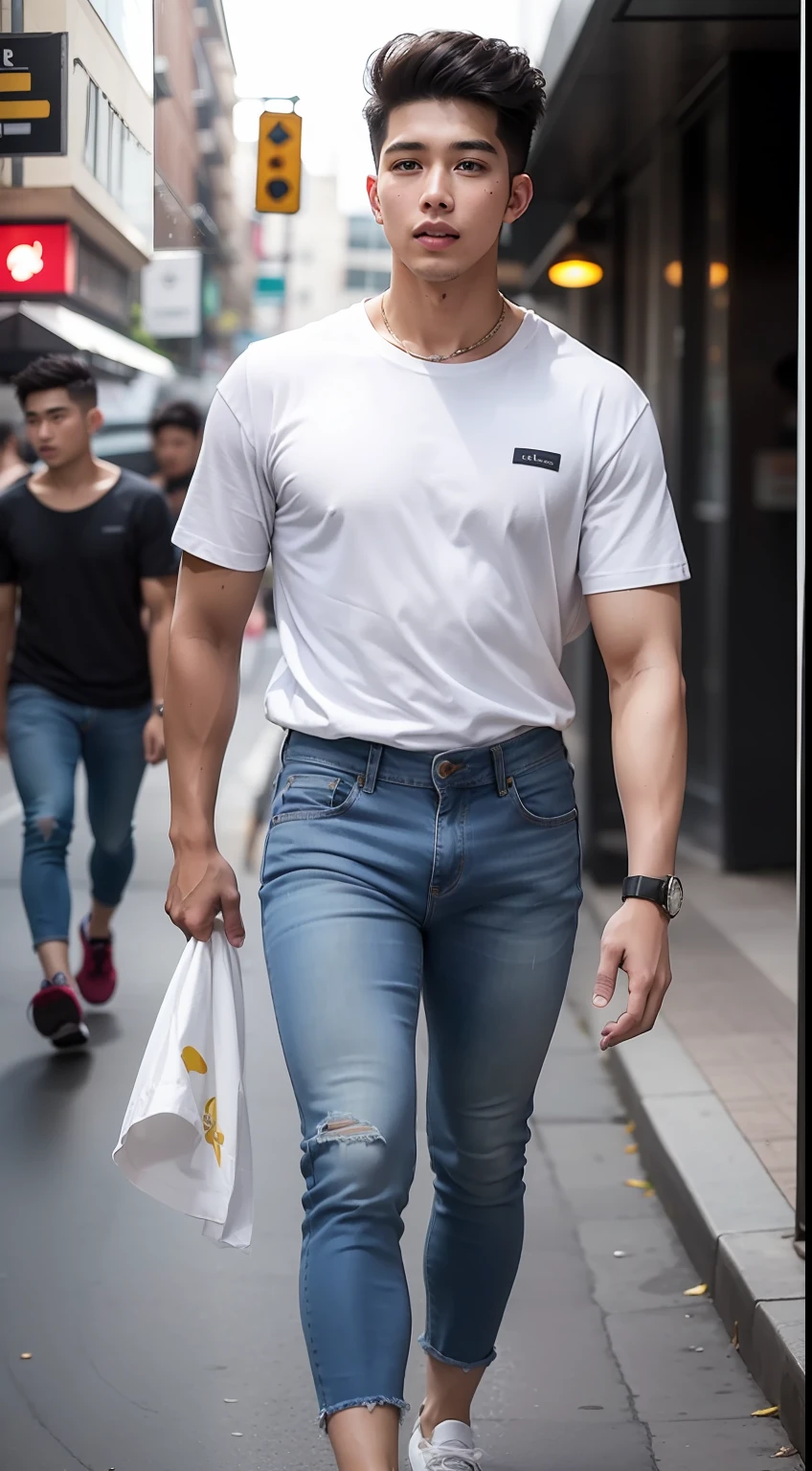Malay teen boy (fattah amin:1.2) age 23 years old wearing oversized white tops and jeans walking in the busy street, skinny boy, short, handsome, small muscle, dark skin, detail skin texture, realistic skin, white sneakers,