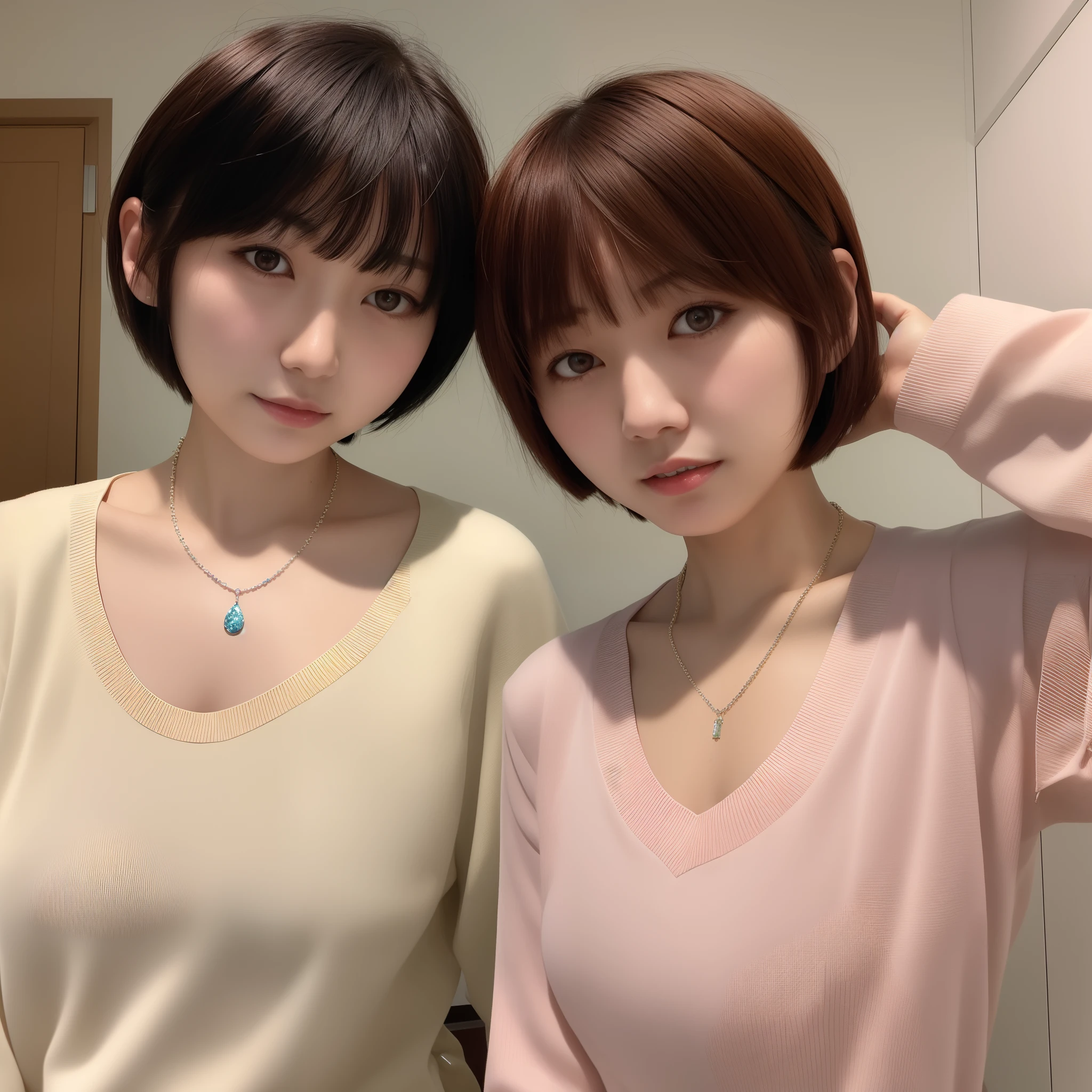 there is a woman with a necklace on her neck posing for a picture, With short hair, hime-cut, chiho, With bangs, 奈良美智, with short hair with bangs, neat hair with bangs, center parted bangs, with full bangs, with a bob cut, Choi Hong Hwa, Ayaka