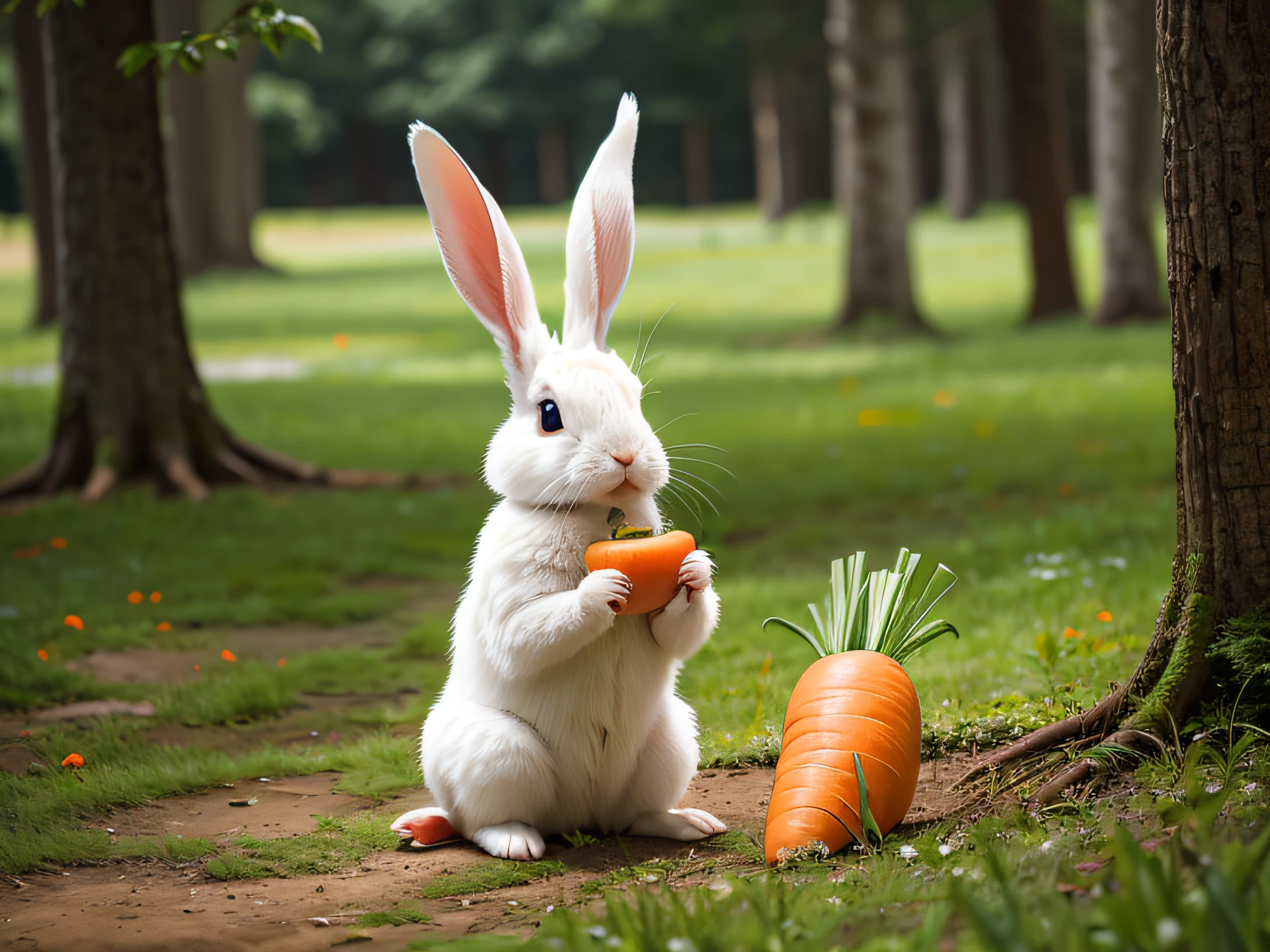 Rabbit sitting eating carrots,ln the forest
