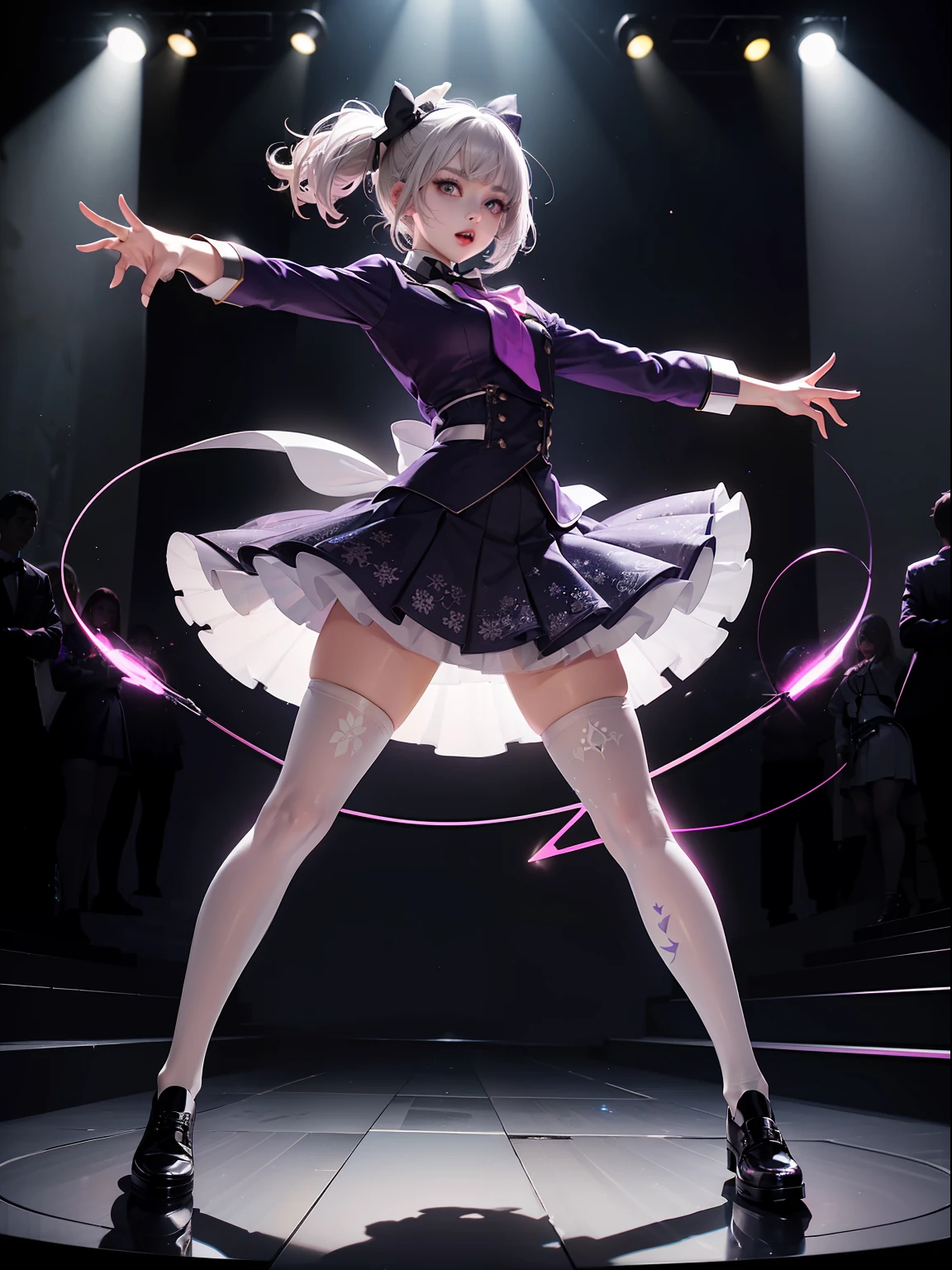 (full body:1.5),(1girl:1.3),(looking at viewer:1.4),(anatomy correct:1.3),(Singing with a microphone on stage:1.4),(Wearing idol singer Set JK uniform printed Ultra short pleated skirt and JK uniform leather shoes with bow decoration ,and Very thick Printed ta Pantyhose :1.35), (Light particle effect:1.3),(In pink | amarelo | blue colors| green color |red colors | white colors| black in color| purpleish color| greys| Beige| Flesh color 1.4),(Glowing eyes:1.3),(Large amplitude action: 1.3),(Accurate and perfect face:1.4),(Clothing Gloss:1.25),(Skin reflection:1.25),hyper HD, Ray traching, reflective light,structurally correct, Award-Awarded, high detal, lightand shade contrast, Face lighting,cinmatic lighting, tmasterpiece, super detailing, high high quality, high detal, best qualityer, 16k,high contrast,