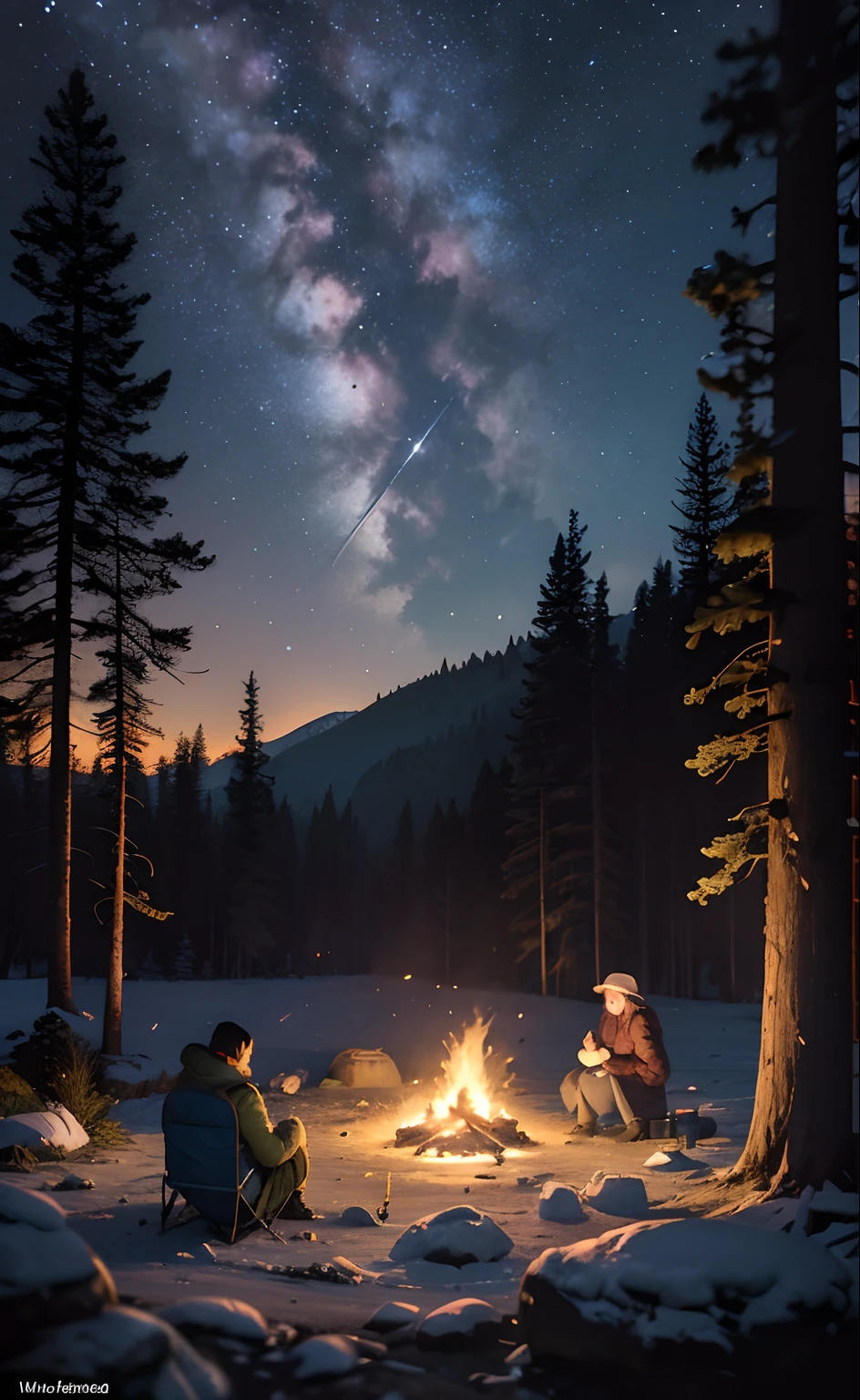 tmasterpiece， best qualtiy， ultra - detailed， illustratio， 1girll， Stand on a large rock and play solo， exteriors， camping， late， mont， naturey， As estrelas， themoon， bonfires， tenten， double-ponytail， Green eyes， cheerful， cheerfulness， backpacks， sleeping bag， Camping stove， water bottel， Mountain shoes， mitts， Sweaters， Hats， flashlights， ln the forest， Rochas， flod， wood， smog， shadowing， to contrast， sunny clear sky， constellation， galactic， peace， peacful， A tranquil， peacful， Remote， secluded， adventuring， exploring， escape， independence， survive， Resourceful， challenge， perseverance， endurance， endurance， Observations， intuition， Adaptability， creativity， imagination， artistry， inspiration， big breasts beautiful， in awe， miracle， thanksgiving， Admiring， unwind， enjoying， renaissance， Mindfulness， consciousness， connections， and harmonious， balancing， textur， the detail， hentail realism， Depth-of-fie， ssee-through， The composition， colours， optic， shadowing， Reflectors， refractions， shades， to contrast， foreground， Middle ground， Background with， naturalistic， simile， Figurative，Impresionismo，expressionistic，abstracted，innovative，experiment，distinctive，cinematic ligh