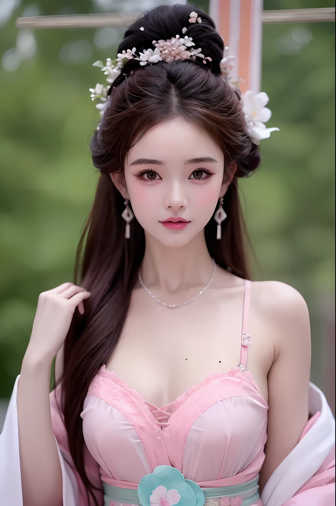 1 realistically beautiful girl, waist length hair, black eyes, ancient Ao Dai, style hanfu, wearing a thin silk shirt of ancient China, pink and smooth white skin, wearing a discreet ancient style ao dai, appears shoulders and head in the photo,cute little face, eye bags under wet makeup, plump red lips, pout, ((closed mouth:1.0)), balanced incisors, embarrassed, small face makeup detailed and very beautifull, The breasts are super round and tight, breast augmentation, blum boobs, Cover the girl's chest with a camisole inside, blush, from front, wear earrings, necklaces, from above, looking at viewer, upturned eyes, full body, masterpiece, top quality, best quality, official art, unity 8k wallpaper, highres, ultra-high res, ultra-detailed, (photorealistic:1.2), alone, solo, Only 1 girl, style hanfu Dunhuang, 10x pixels, super realistic, ultra high quality, full body view of the girl, upper body,