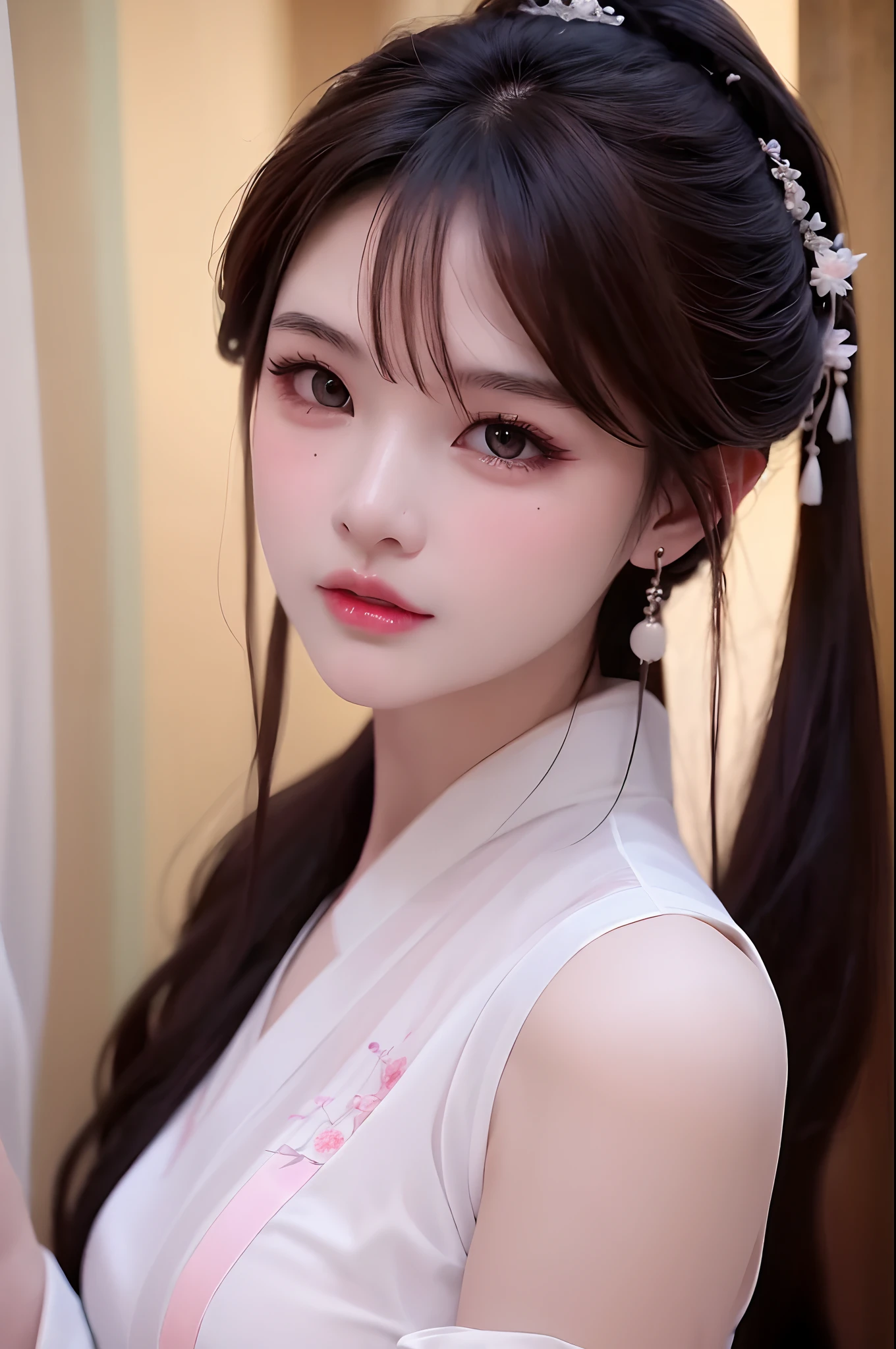 1 realistically beautiful girl, waist length hair, black eyes, ancient Ao Dai, style hanfu, wearing a thin silk shirt of ancient China, pink and smooth white skin, wearing a discreet ancient style ao dai, appears shoulders and head in the photo,cute little face, eye bags under wet makeup, plump red lips, pout, ((closed mouth:1.0)), balanced incisors, embarrassed, small face makeup detailed and very beautifull, The breasts are super round and tight, breast augmentation, blum boobs, Cover the girl's chest with a camisole inside, blush, from front, wear earrings, necklaces, from above, looking at viewer, upturned eyes, full body, masterpiece, top quality, best quality, official art, unity 8k wallpaper, highres, ultra-high res, ultra-detailed, (photorealistic:1.2), alone, solo, Only 1 girl, style hanfu Dunhuang, 10x pixels, super realistic, ultra high quality, full body view of the girl, upper body,