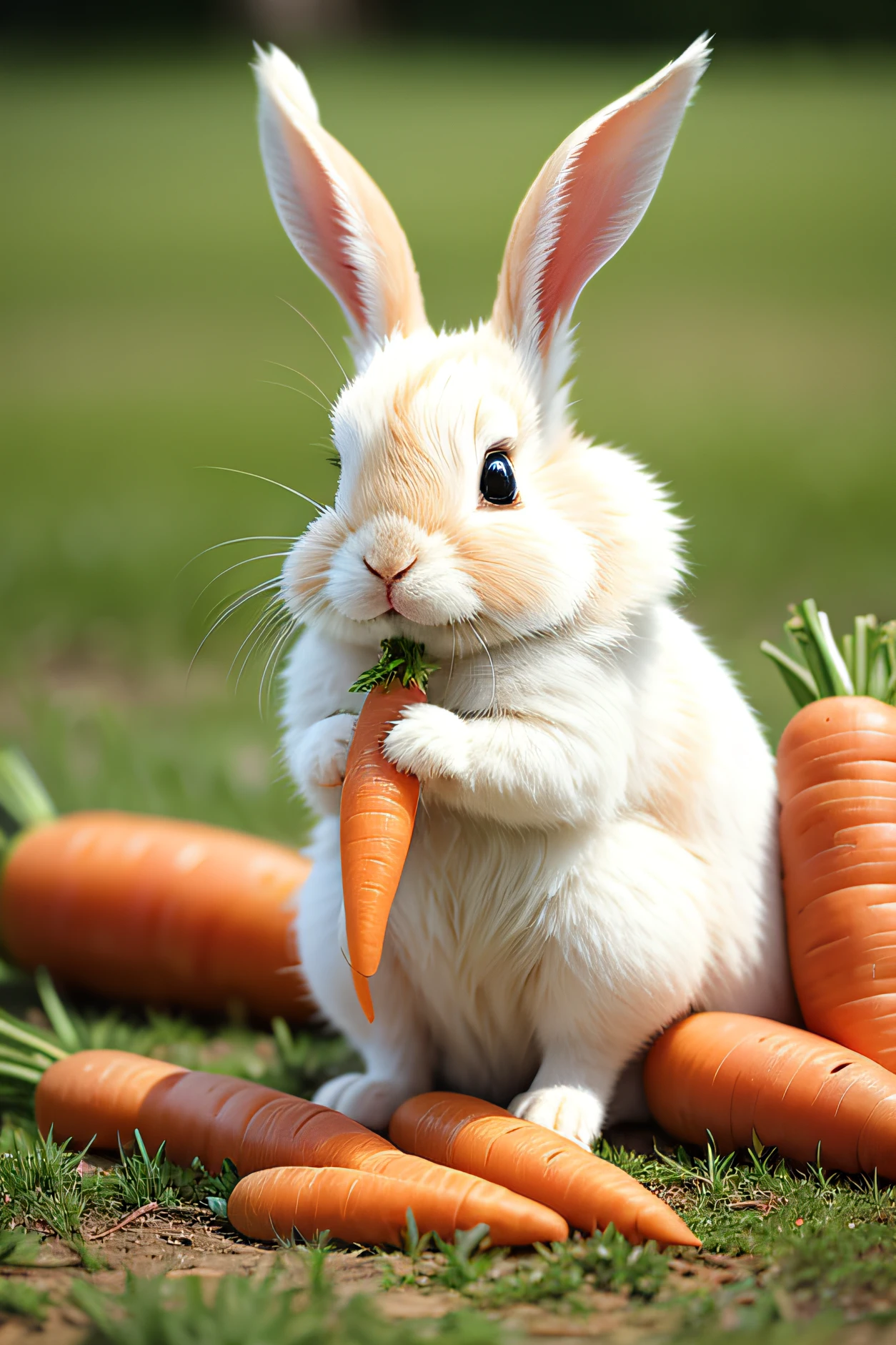 Rabbit sitting eating carrots