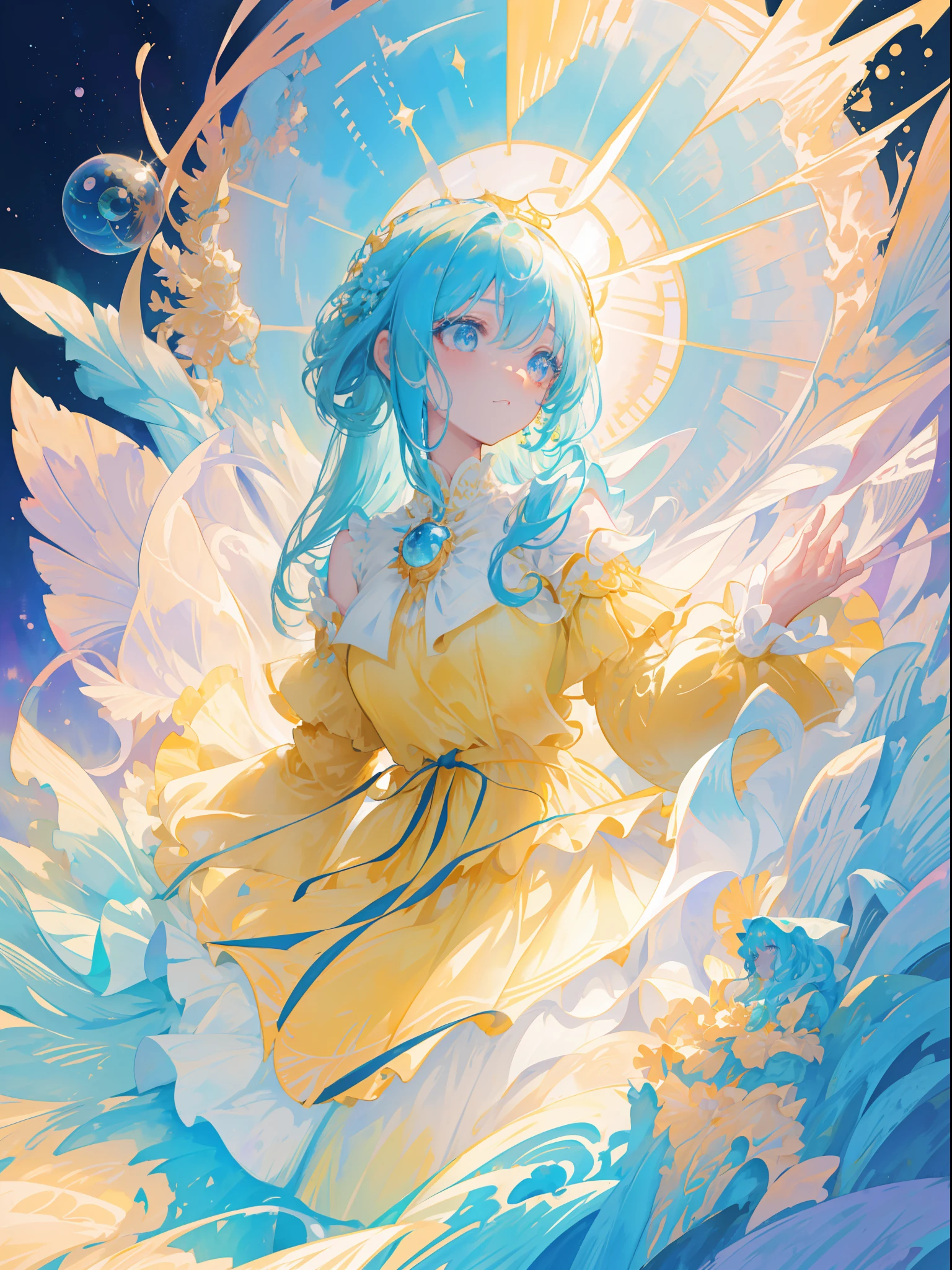 masterpiece, best quality, 8k resolution, sharp focus, intricate detail, beautiful girl, sparkling eyes, golden ratio face, otherworldly liquid, watercolor, pastel colors, bright colors, whimsical, colorful, sharp focus, high resolution, fine detail, ((layered tiered puffy long sleeves ballgown)), ((round eyes)), iridescent bubbles, fantasia background