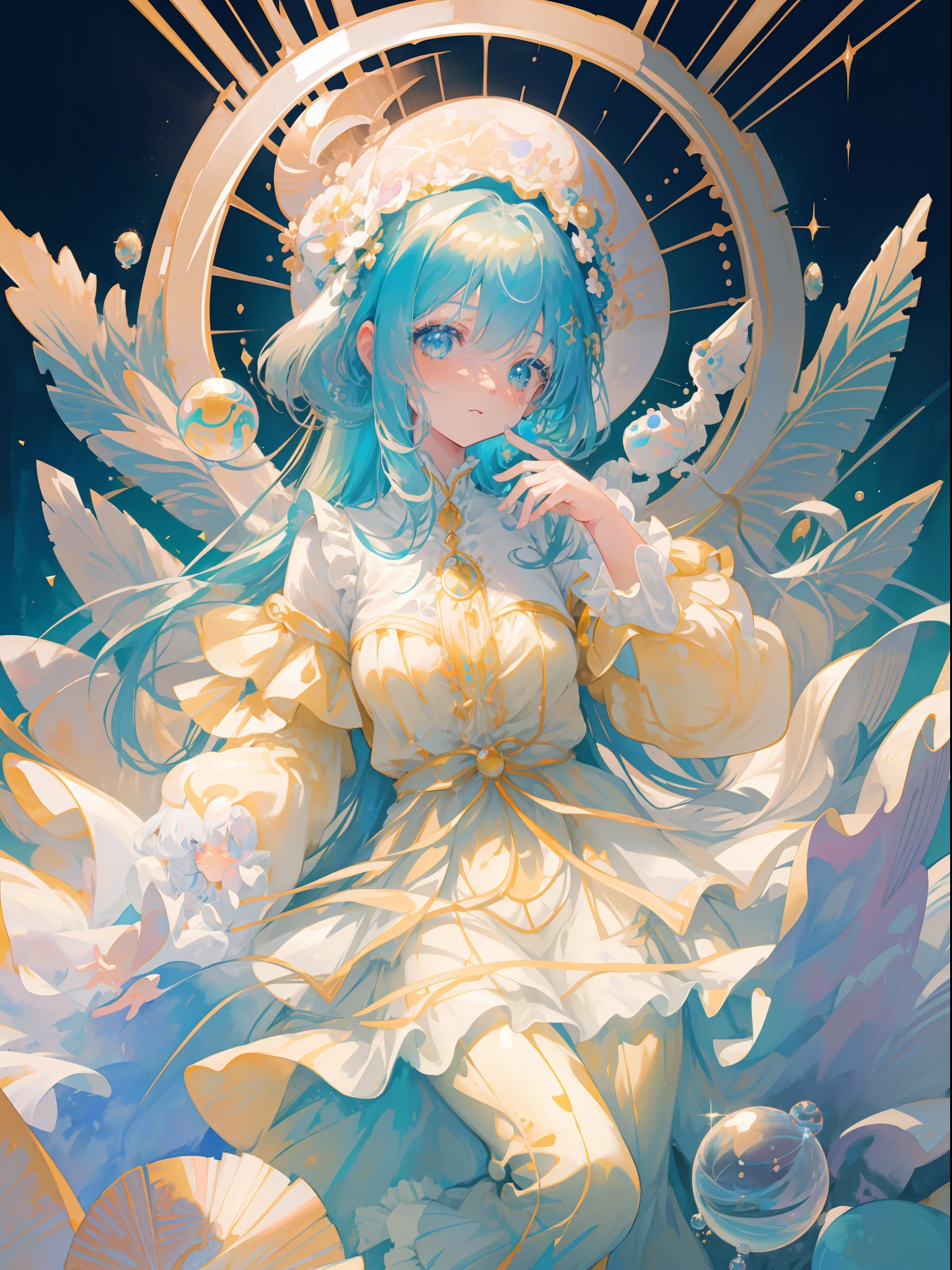masterpiece, best quality, 8k resolution, sharp focus, intricate detail, beautiful girl, sparkling eyes, golden ratio face, otherworldly liquid, watercolor, pastel colors, bright colors, whimsical, colorful, sharp focus, high resolution, fine detail, ((layered tiered puffy long sleeves ballgown)), ((round eyes)), iridescent bubbles, fantasia background