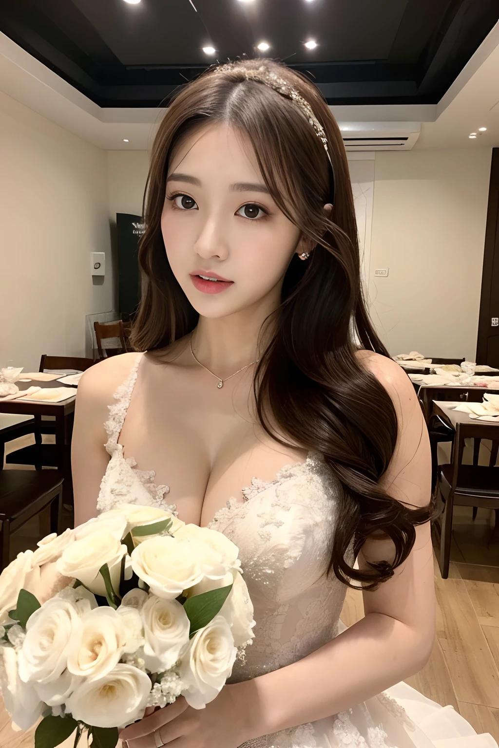 (Best Quality, 8K, 32 k, Masterpiece, UHD:1.2),Photo of Pretty Japanese woman, 1Girl, (Long dark brown hair), Double eyelid, large full breasts, wedding dress, Party Room (Party Room), caress , open chest, Standing with a bouquet of flowers, masturbation,