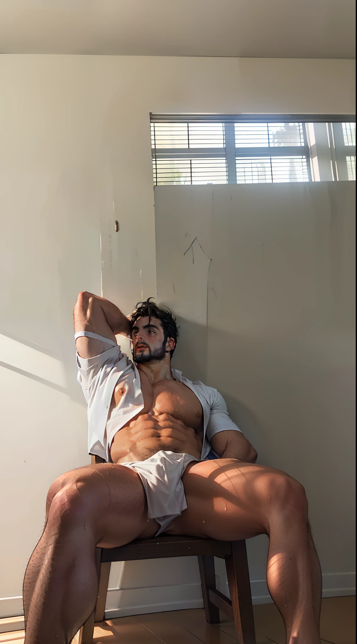 1 man in underwear sitting on a chair in a room, indoor picture, doing a hot majestic pose, his legs spread apart, beefcake pose, indoor shot,  30 year old man, athletic, with backdrop of natural light, thicc, posing in a bedroom, mid-shot of a hunky, near a window, wearing transparent wet shirt with opened chest and exposing his shiny wet hot mega pecs muscles and very big nipples, transparent wet thong highlighting his big bulge, shiny wet looking muscles, mega muscles, shadow, well lighting, depth of field, focus on his inner thighs and butts, wet looking muscles, stocky chubby look, hot look