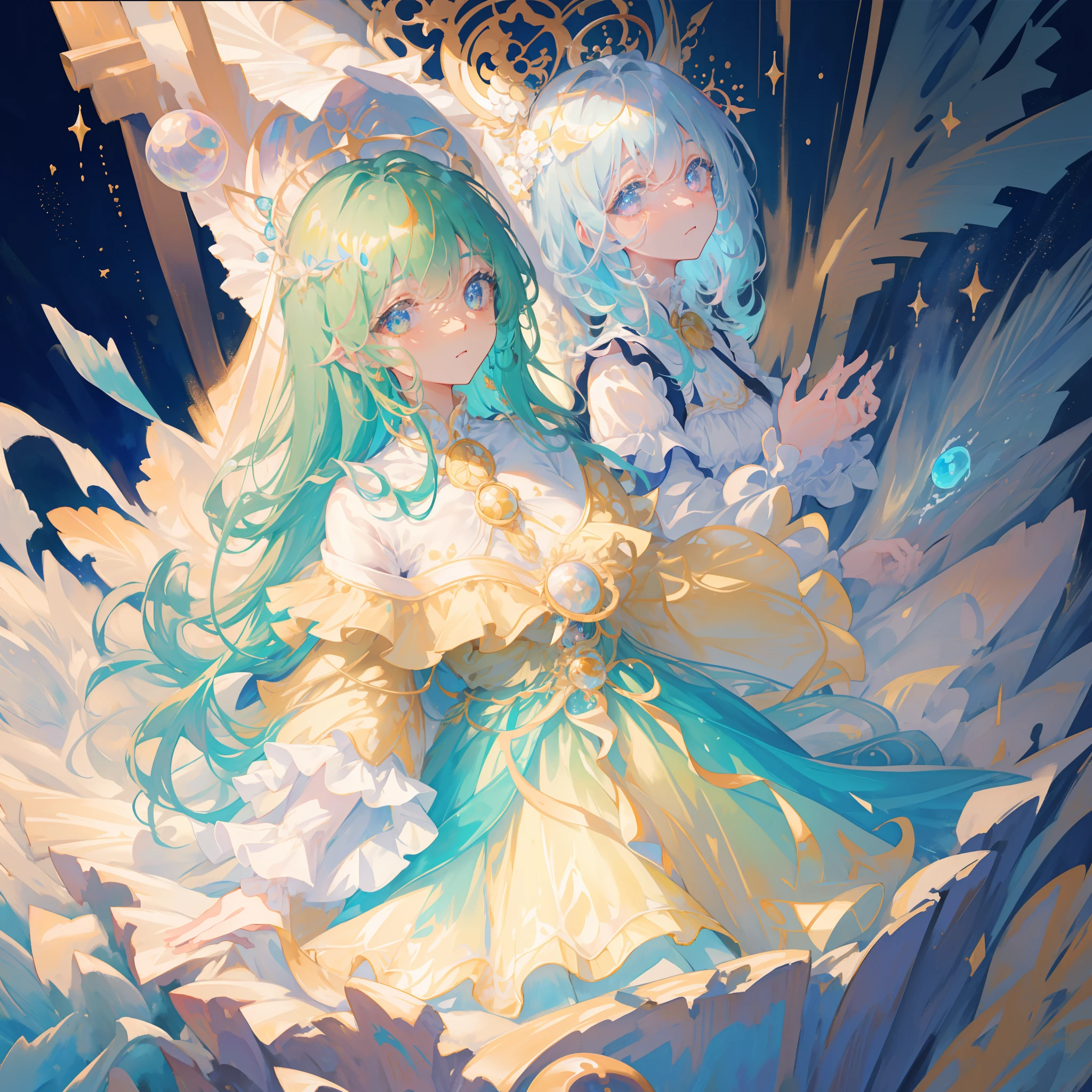 masterpiece, best quality, 8k resolution, sharp focus, intricate detail, beautiful girl, sparkling eyes, golden ratio face, otherworldly liquid, watercolor, pastel colors, bright colors, whimsical, colorful, sharp focus, high resolution, fine detail, ((layered tiered puffy long sleeves ballgown)), ((round eyes)), iridescent bubbles, fantasia background