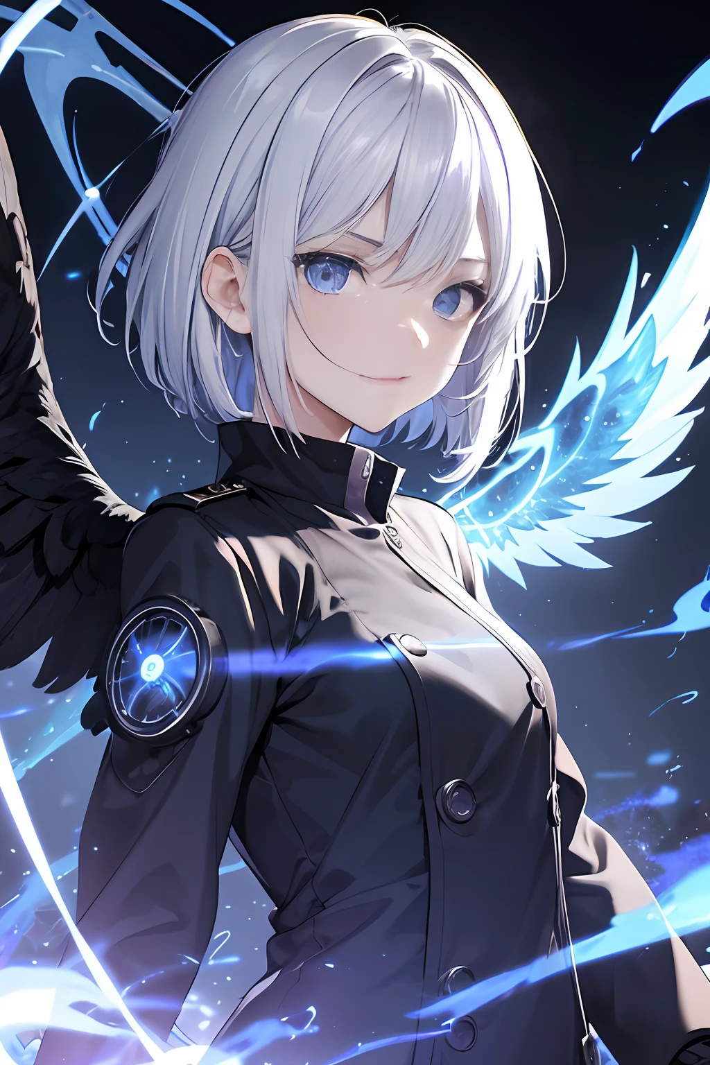 (Best Quality, masutepiece), (1girl in, Solo, Black combat uniform, Facial expression face, Looking at Viewer, Black eyes, short-hair, white hair, Upper body, Black Angel Wings), (monochromes, Blue Room, Blue electromagnetic clock shining behind, Blowing wind, Bright purple chainring at back..,gear wheel, Clockwork), mid night, Background surrounded by blue flames, Burning Blue Flame, Black feathers, Background of the collapsed city