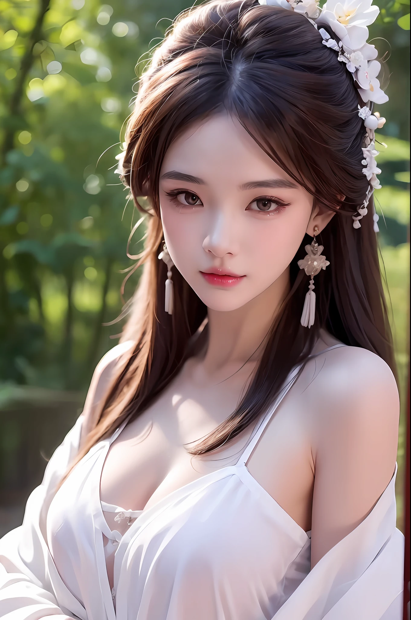 1 realistically beautiful girl, waist length hair, black eyes, ancient Ao Dai, style hanfu, wearing a thin silk shirt of ancient China, pink and smooth white skin, wearing a discreet ancient style ao dai, appears shoulders and head in the photo,cute little face, eye bags under wet makeup, plump red lips, pout, ((closed mouth:1.0)), balanced incisors, embarrassed, small face makeup detailed and very beautifull, The breasts are super round and tight, breast augmentation, blum boobs, Cover the girl's chest with a camisole inside, blush, from front, wear earrings, necklaces, from above, looking at viewer, upturned eyes, full body, masterpiece, top quality, best quality, official art, unity 8k wallpaper, highres, ultra-high res, ultra-detailed, (photorealistic:1.2), alone, solo, Only 1 girl, style hanfu Dunhuang, 10x pixels, super realistic, ultra high quality, full body view of the girl, upper body,