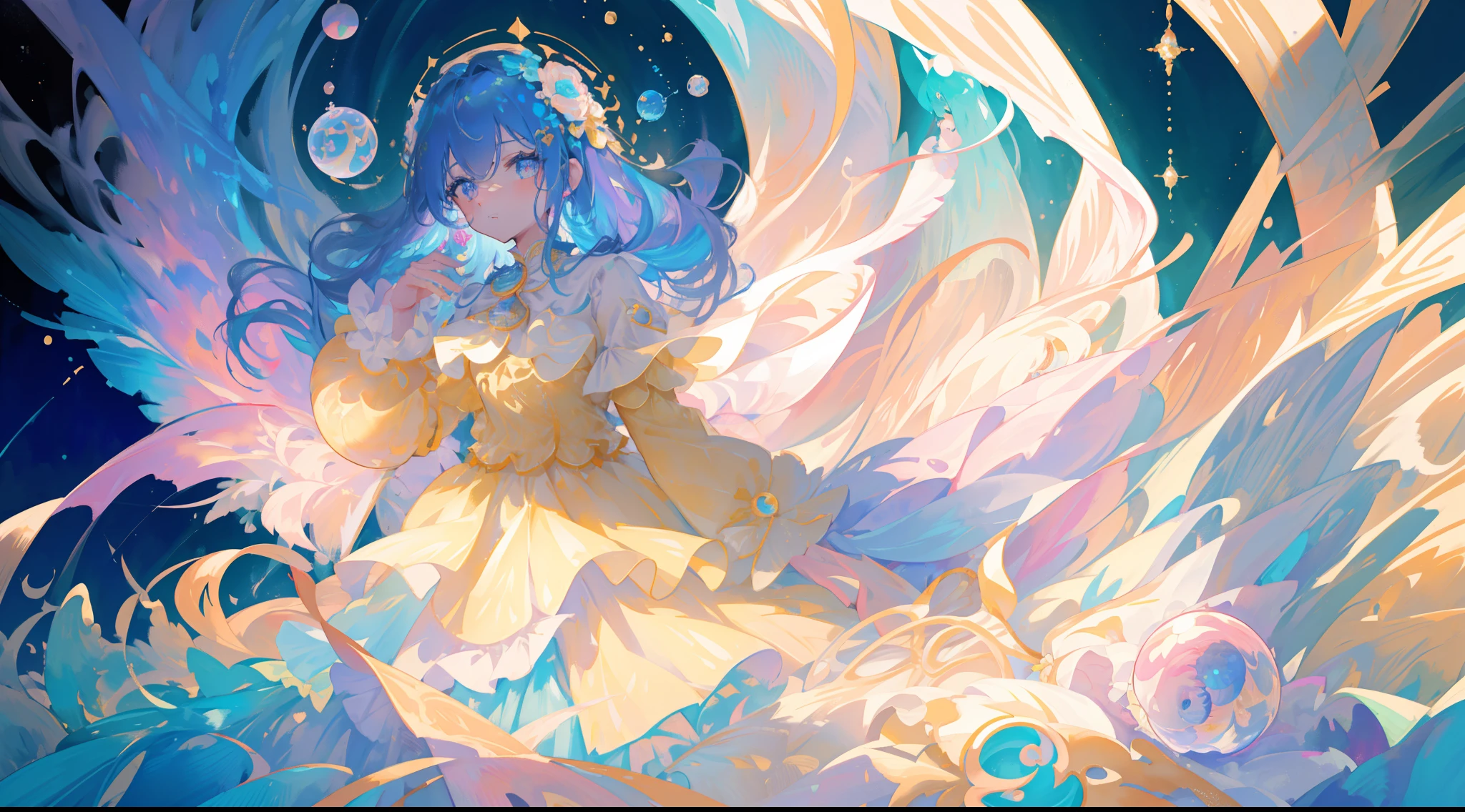 masterpiece, best quality, 8k resolution, sharp focus, intricate detail, beautiful girl, sparkling eyes, golden ratio face, otherworldly liquid, watercolor, pastel colors, bright colors, whimsical, colorful, sharp focus, high resolution, fine detail, ((layered tiered puffy long sleeves ballgown)), ((round eyes)), iridescent bubbles, fantasia background