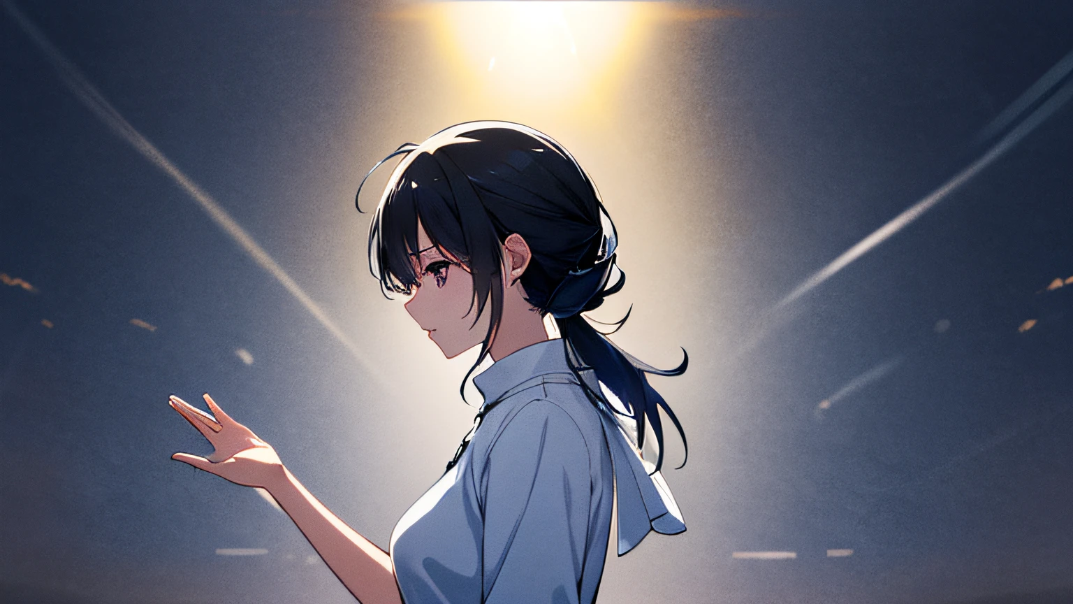 masterpiece, high quality, 8k, beautiful lighting, doga kobo, anime scene, profile, 1girl, hashimoto_mai, black hair, very short ponytail hair, small to medium breast, purple eyes, white soft clothes with blue color, looking at viewer, reaching hand, to the light from darkness