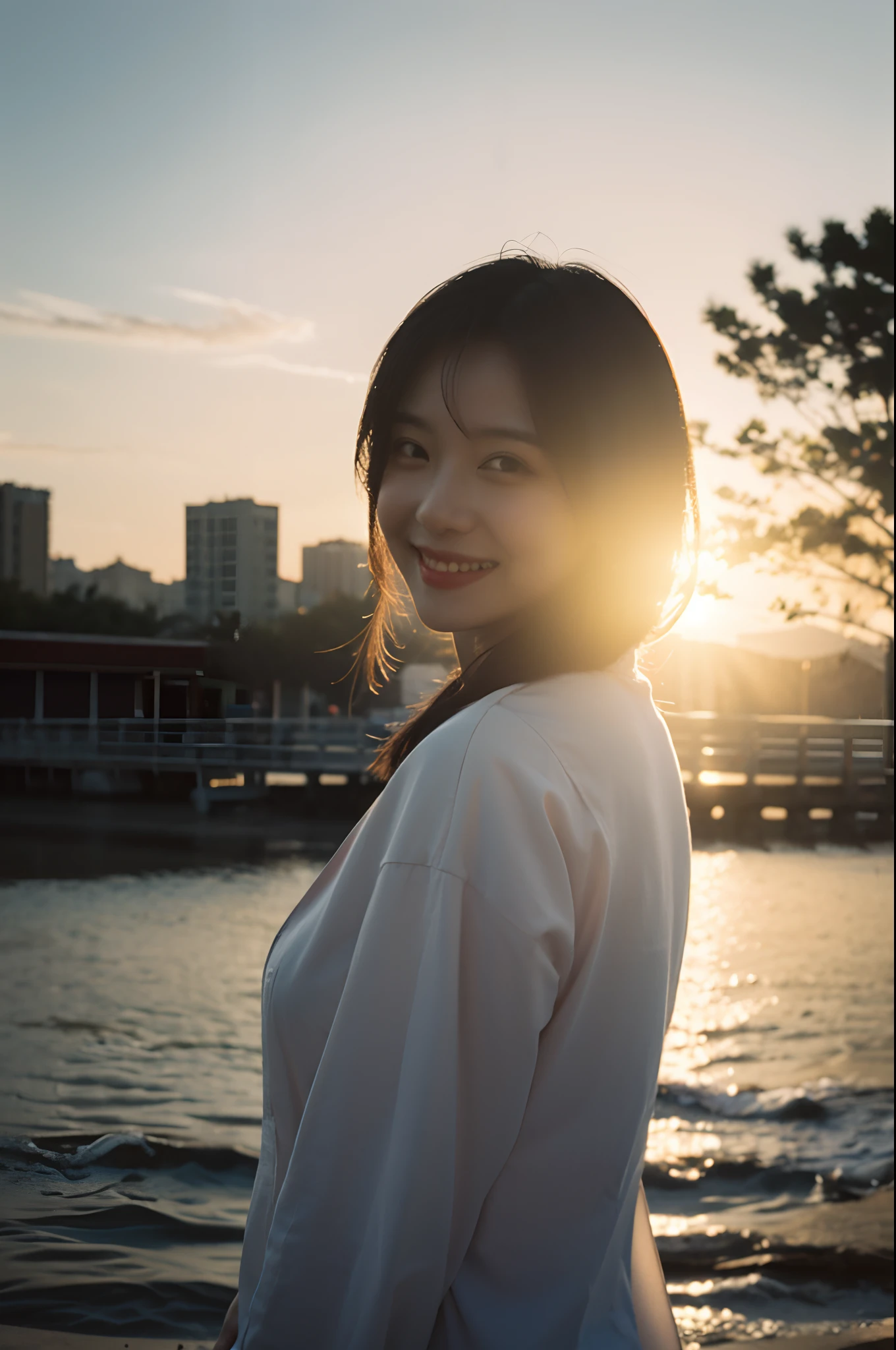 Best quality,Masterpiece,超高分辨率,(Realisticity:1.4),Original photo,Cinematic lighting,,1girll,Smile,back lit lighting,Sunset,