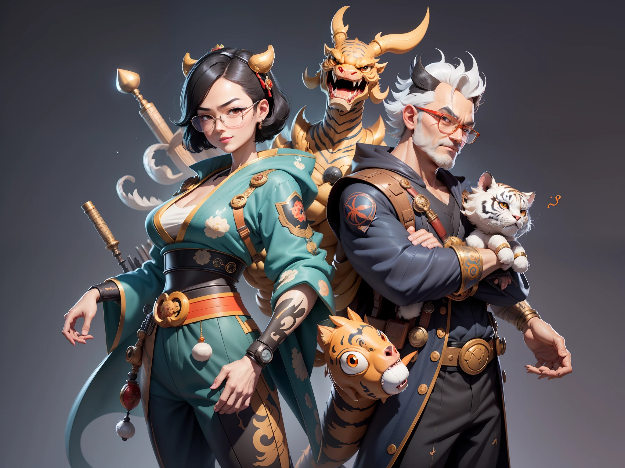 (Masterpiece), (Excellent), (Super Meticulous), (Full Body: 1.2), Super Young Man with Japanese Female Geisha, Pretty, Beautiful, Chinese Dragon, Tiger, Wind God Thor, Sexy, Bursting, Oriental Face, TV Anchor, Bust Portrait Illustration, Black Suit, Blue Tie, Slightly Chubby Face, Silver Glasses, Very Clean Face, No Beard on Chin, Black Super Short Hair, Black Eyes, Confident Smile, 3c Computer Sub-Products, iPad, iPhone, Digital Painting, 3D character design by Mark Clairedon and Pixar and Hayao Miyazaki and Akira Toriyama, the illustrations are HD illustrations in 4K resolution with highly detailed facial features and cartoon-style visuals.