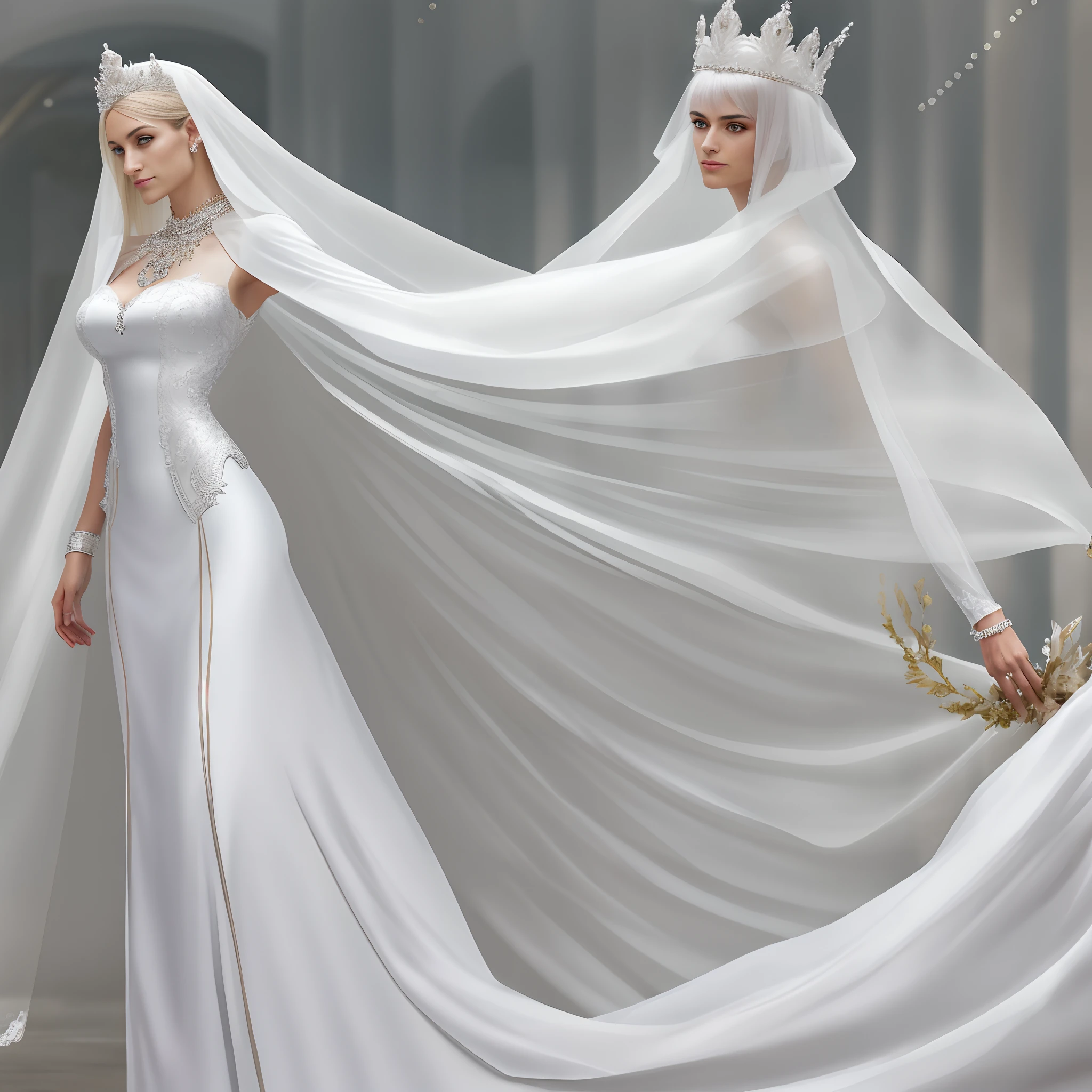 1 beautiful young woman,Wearing a white luxury silk wedding dress,Gorgeous white extra-long gloves,adiamondnecklace,eardrop,Bracelet,gyuru,Gorgeous crown,white european,S-shaped body,1.8 meters tall,